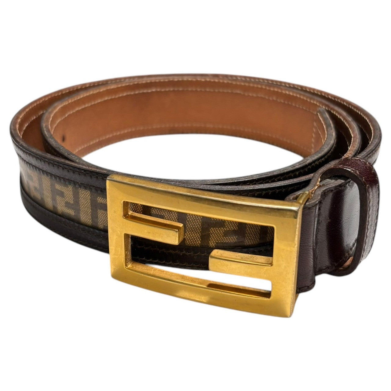 FENDI(フェンディ) Zucca Pattern Logo Buckle Leather Belt ズッカ柄 ロゴバックル レザー ベルト 15654/42 ブラウン