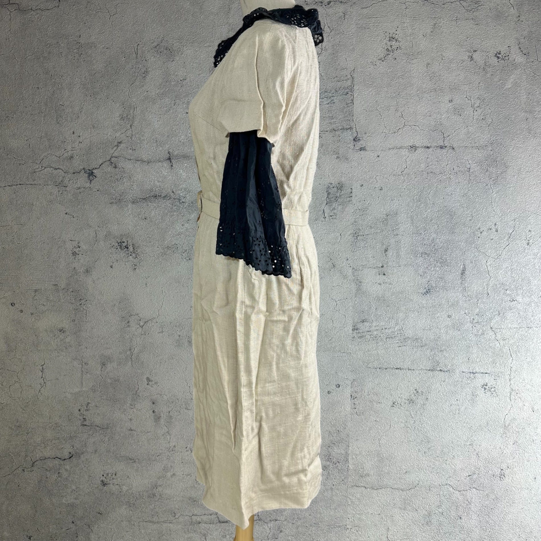 Euro vintage(ヨーロッパヴィンテージ) 30's~ jute_short sleeve onepiece with belt ベルト付き半袖ワンピース 貝ボタン 表記無し(M程度) ベージュ