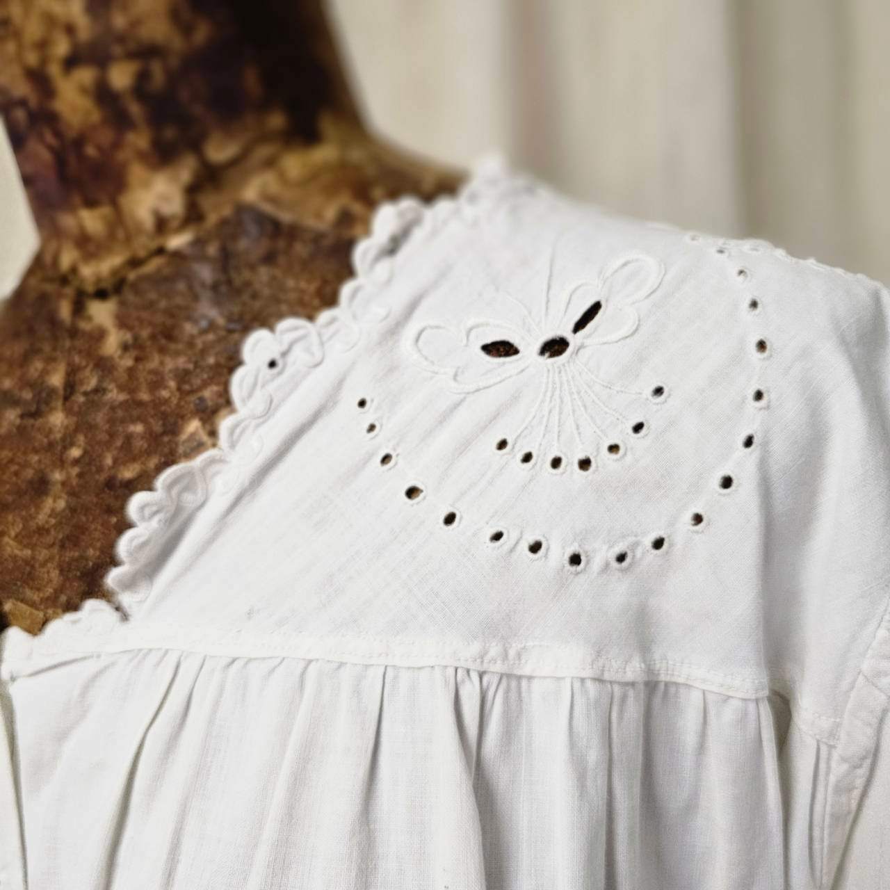 Euro Vintage(ヨーロッパヴィンテージ) Meduse_10'~20's french cotton flower embroidery short sleeve long dress /フレンチコットン花刺繍半袖ロングワンピース 表記なし(Mサイズ程度) ホワイト