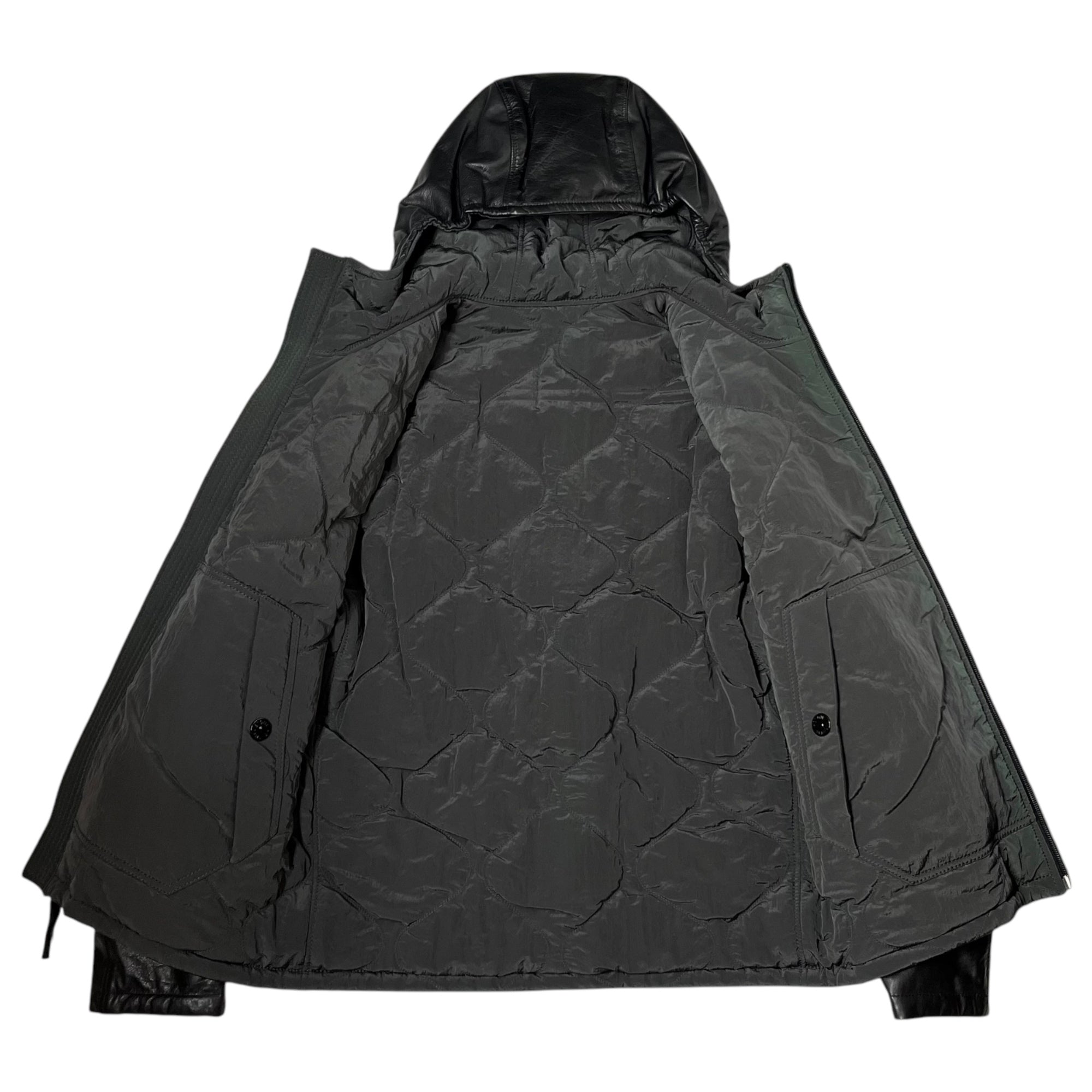 STONE ISLAND(ストーンアイランド) 15AW All leather reversible Primaloft nylon metal hooded jacket オールレザー リバーシブル プリマロフト ナイロン メタル フーデット ジャケット 631500277 M ブラック