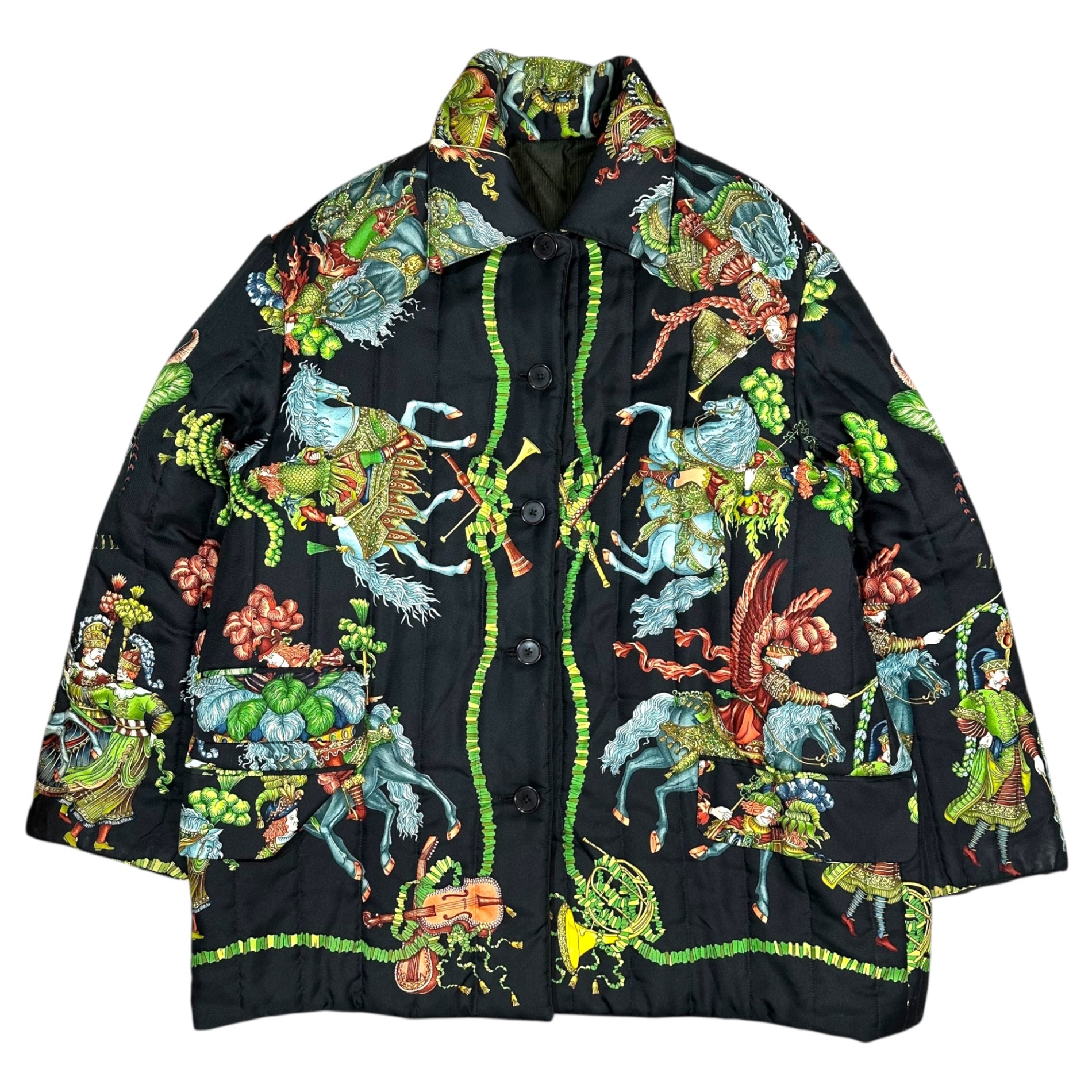 HERMES(エルメス) 90's Vintage LES FETES DU ROI SOLEIL 90年代 ヴィンテージ 太陽王の祝典 シルク スカーフ ジャケット 42 ブラック×グリーン エルメスジャポンタグ