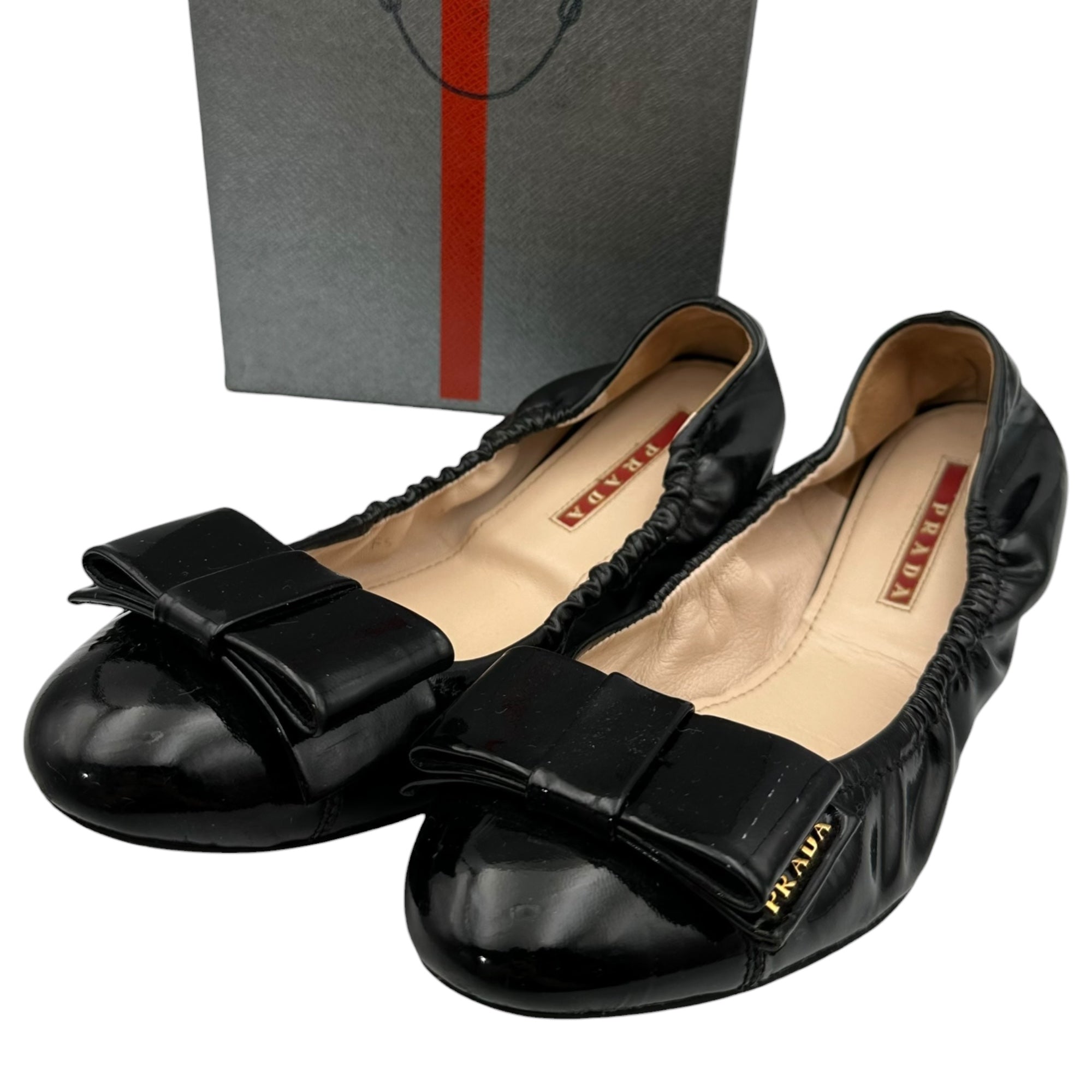 PRADA SPORT(プラダスポーツ) Bow-Accent Patent Leather Ballet Flats リボン パテントレザー バレエシューズ 37 1/2(24cm程度) ブラック