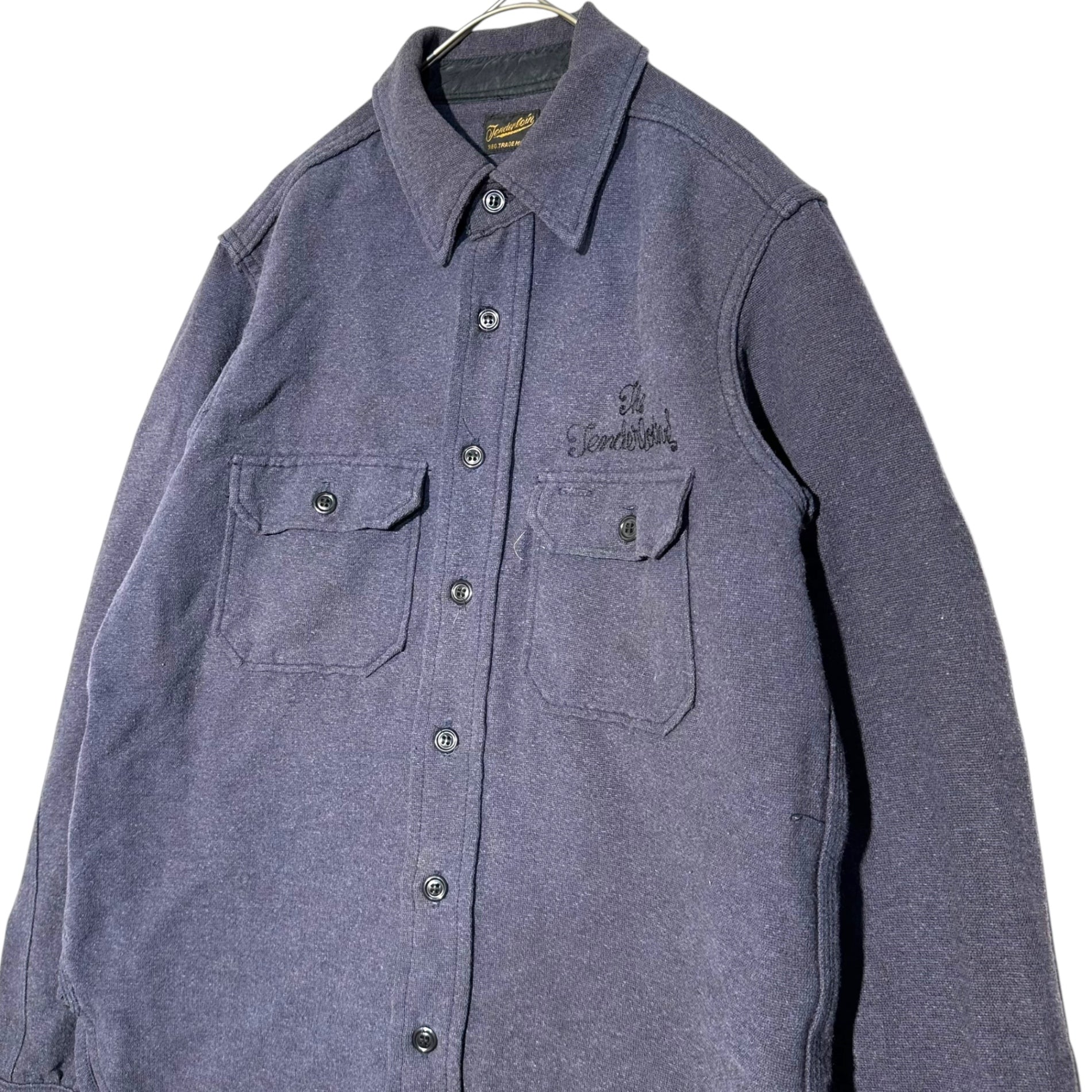 TENDERLOIN(テンダーロイン) Wool cotton box silhouette chain stitch shirt ウール コットン ボックス シルエット チェーン ステッチ シャツ XS ネイビー