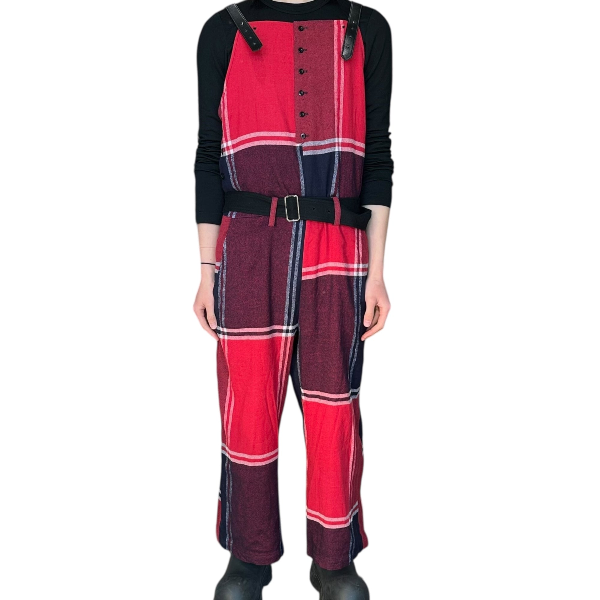 Y's(ワイズ) Leather Shoulder Check Linen Wool Overalls レザー ショルダー チェック リネン ウール オーバーオール YU-D09-139  2(M程度) レッド×ネイビー 男性着用可能サイズ