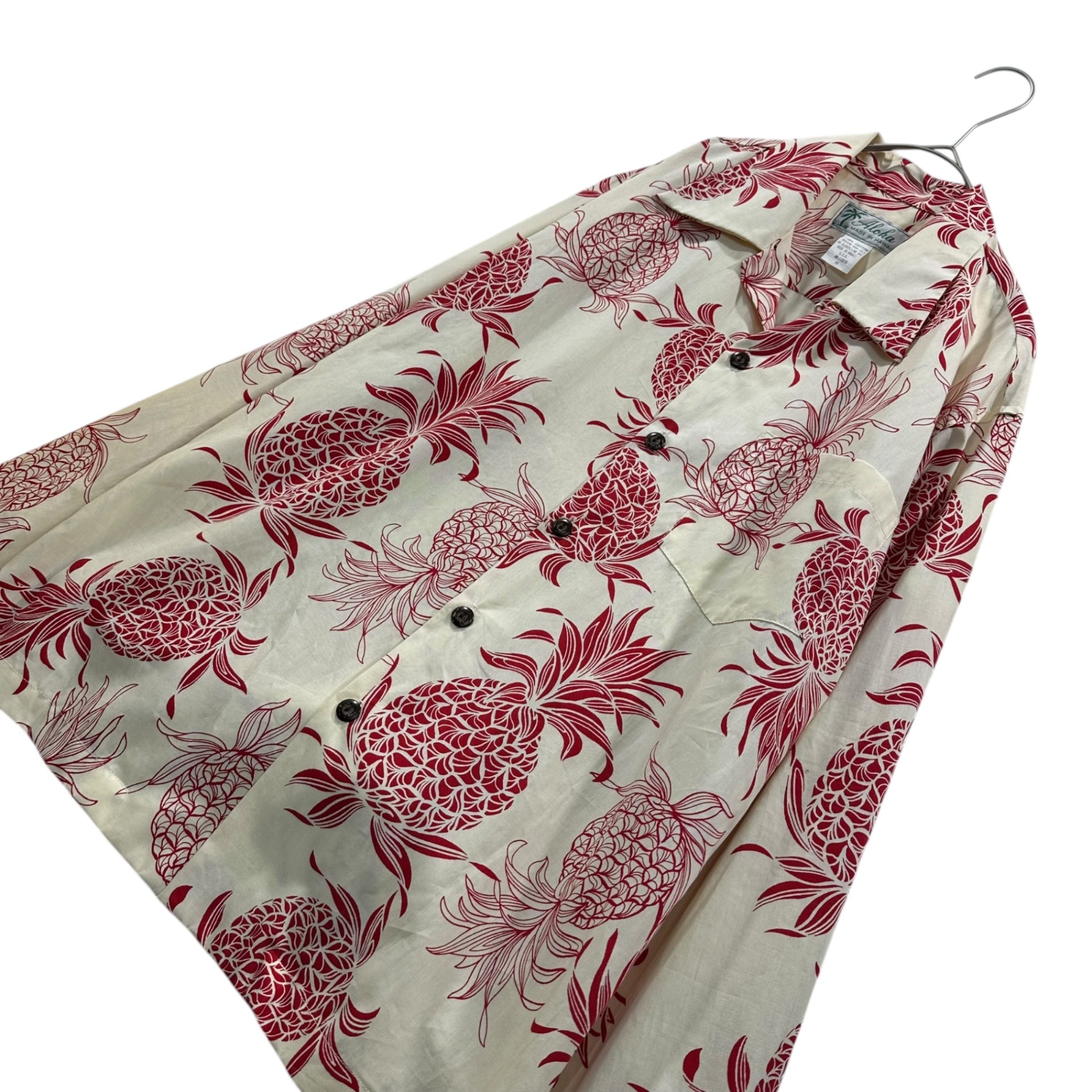 Aloha(アロハ) 70~80's Pineapple-Print L/S Hawaiian Shirt 70~80年代 パイナップル プリント 長袖 ハワイアン シャツ AN-112215 M アイボリー×レッド