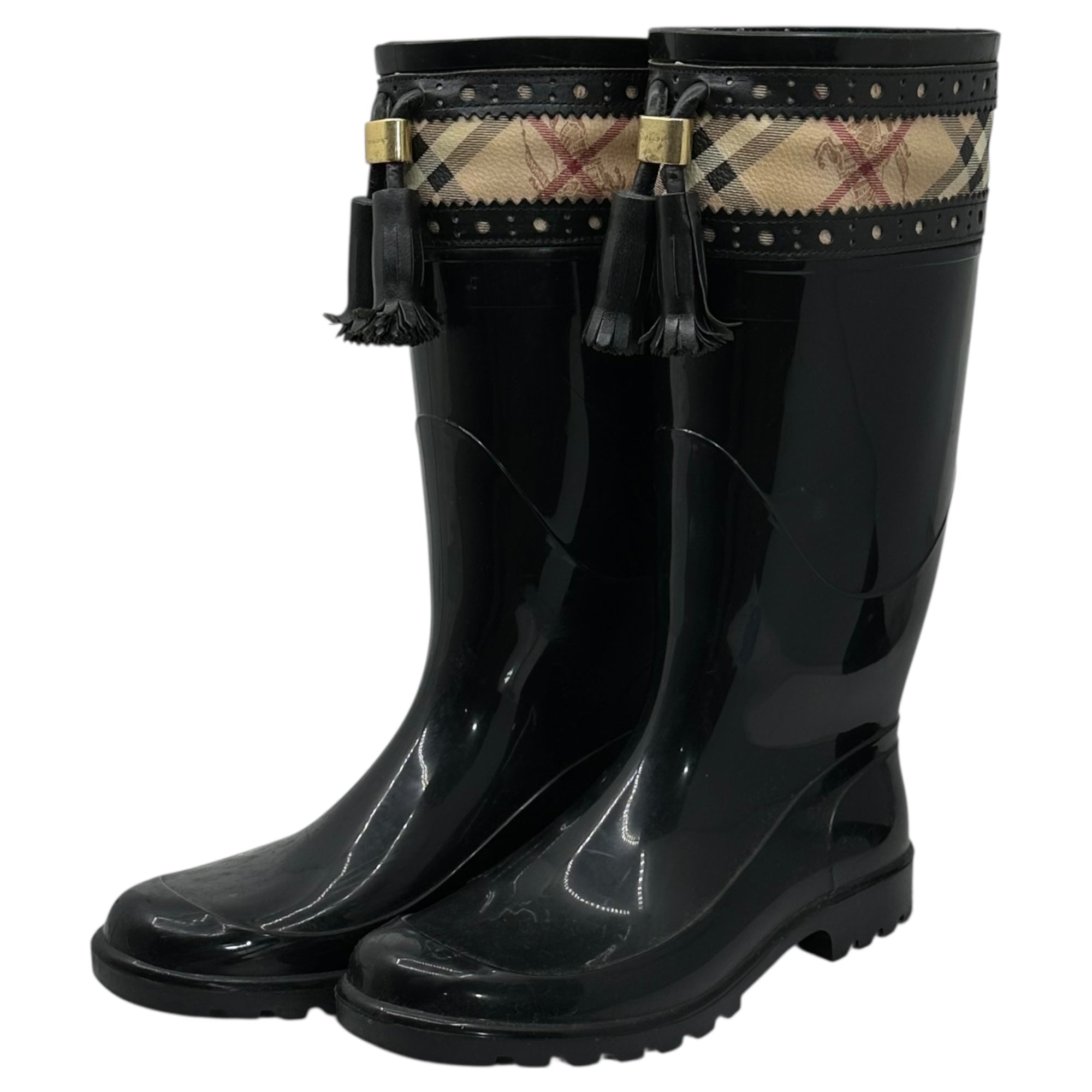 BURBERRY(バーバリー) Nova Check Switch Tassel Rain Boots ノヴァ チェック 切替 タッセル レインブーツ 37(23.5cm) ブラック×ベージュ