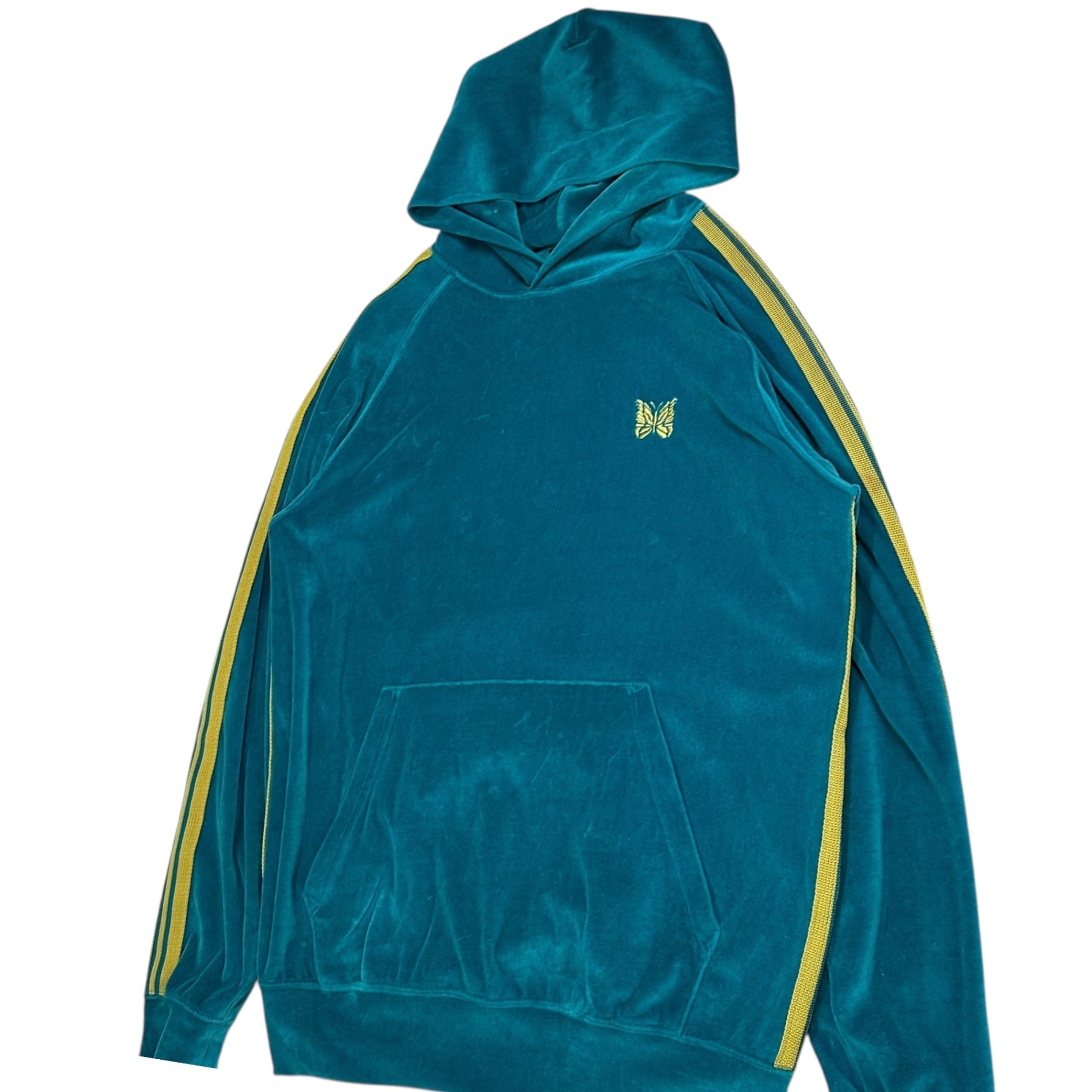 NEEDLES(ニードルズ) 24SS TRACK HOODY - C/Pe Velour トラック フーディー ベロア 0T234 L ターコイズブルー×イエロー プルオーバー パーカー ロゴ turquoise