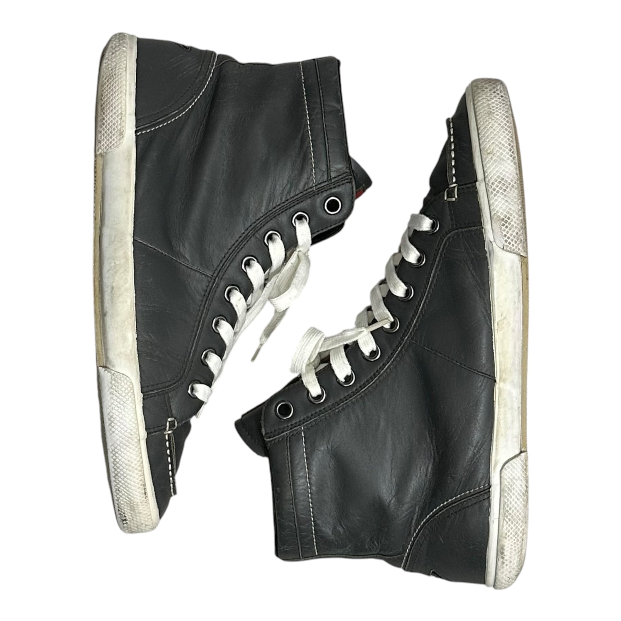 PRADA(プラダ) High-Top Leather Sneakers with Heel Triangle Logo ヒール 三角 ロゴ ハイカット レザー スニーカー 4T2148 9(27.0cm程度) グレー×ホワイト×レッド