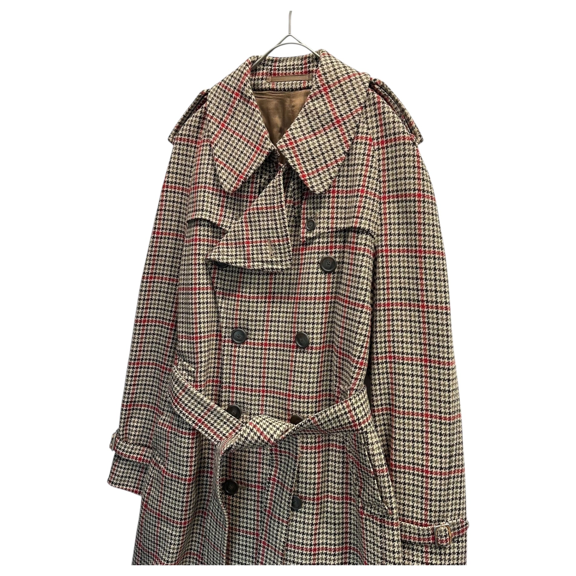 VINTAGE(ヴィンテージ) 70~80's Vintage Houndstooth Wool Long Coat 70年 80年代 ヴィンテージ 千鳥柄 ウール ロング コート ベージュ×ブラック×レッド made in england