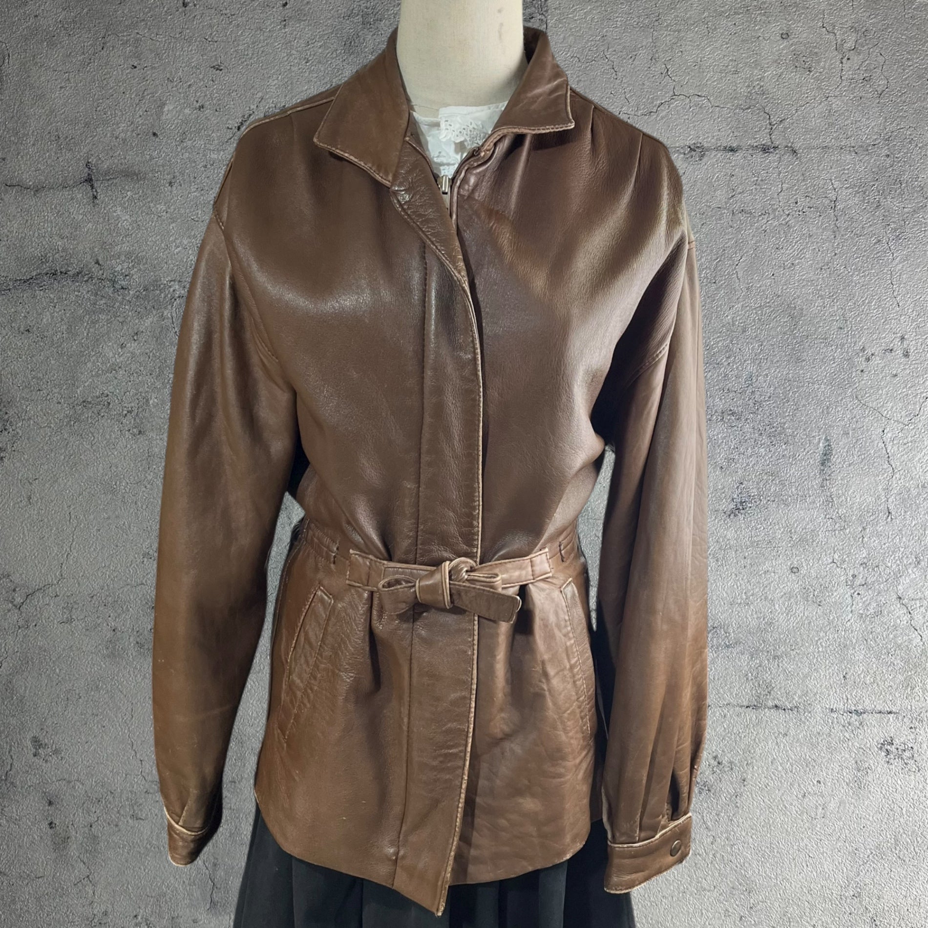 Euro vintage(ヨーロッパヴィンテージ) brown leather front ribbon design jacket フロントリボン付きブラウンレザージャケット 表記無し(M~L程度) ブラウン
