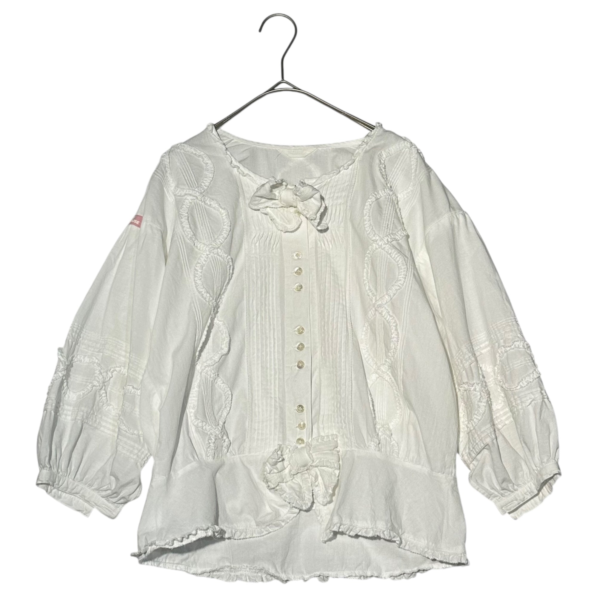 PINK HOUSE(ピンクハウス) 00's Cotton Lace Pleated Ribbon Blouse コットン レース プリーツ リボン ブラウス PO152FB26 表記無(レディースM程度) ホワイト BABY 7分袖 ロリータ