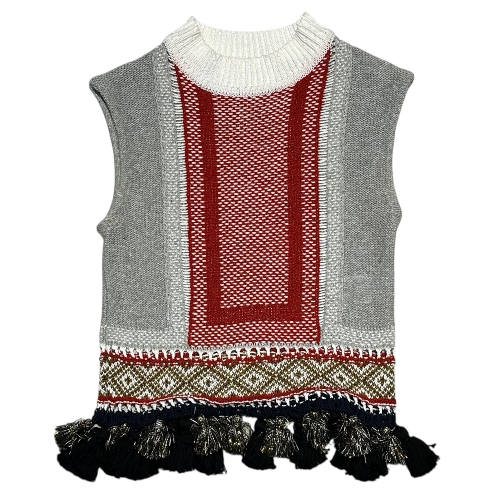 mame kurogouchi(マメクロゴウチ) 18SS Ethnic Pattern Sleeveless Fringe Knit エスニック柄 ノースリーブ フリンジ ニット MM18SS-KN053 1 グレー×レッド ベスト