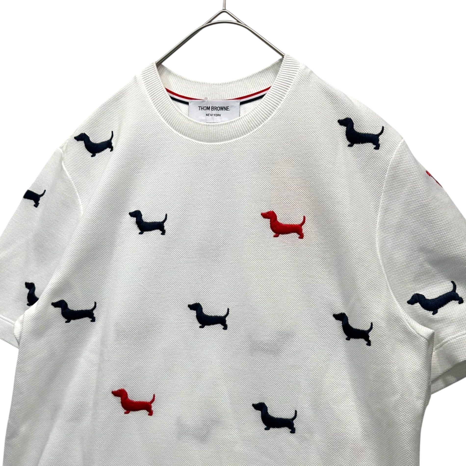 THOM BROWNE(トムブラウン) Dog Stitch Tricolor Crew Neck T-Shirt ドッグ ステッチ トリコロールカラー クルーネック Tシャツ ヘクター 犬 MJS284E-0050 0(XS程度) ホワイト×ネイビー×レッド
