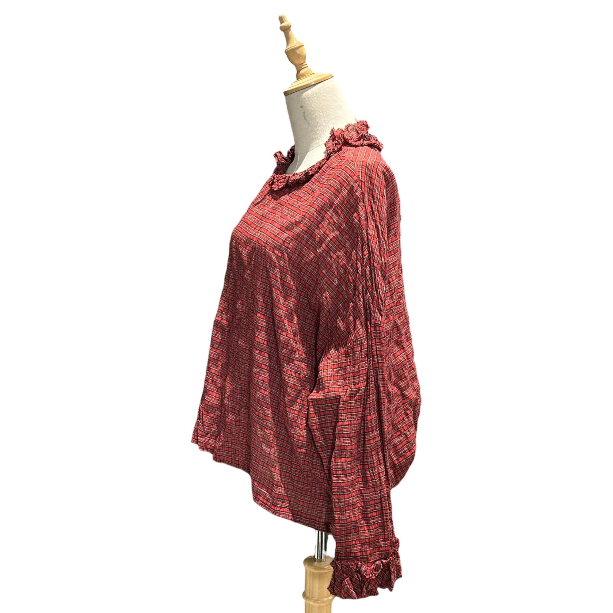 g(グラム) Tartan Check Ruffled Linen Blouse タータンチェック フリル リネン ブラウス フリー レッド