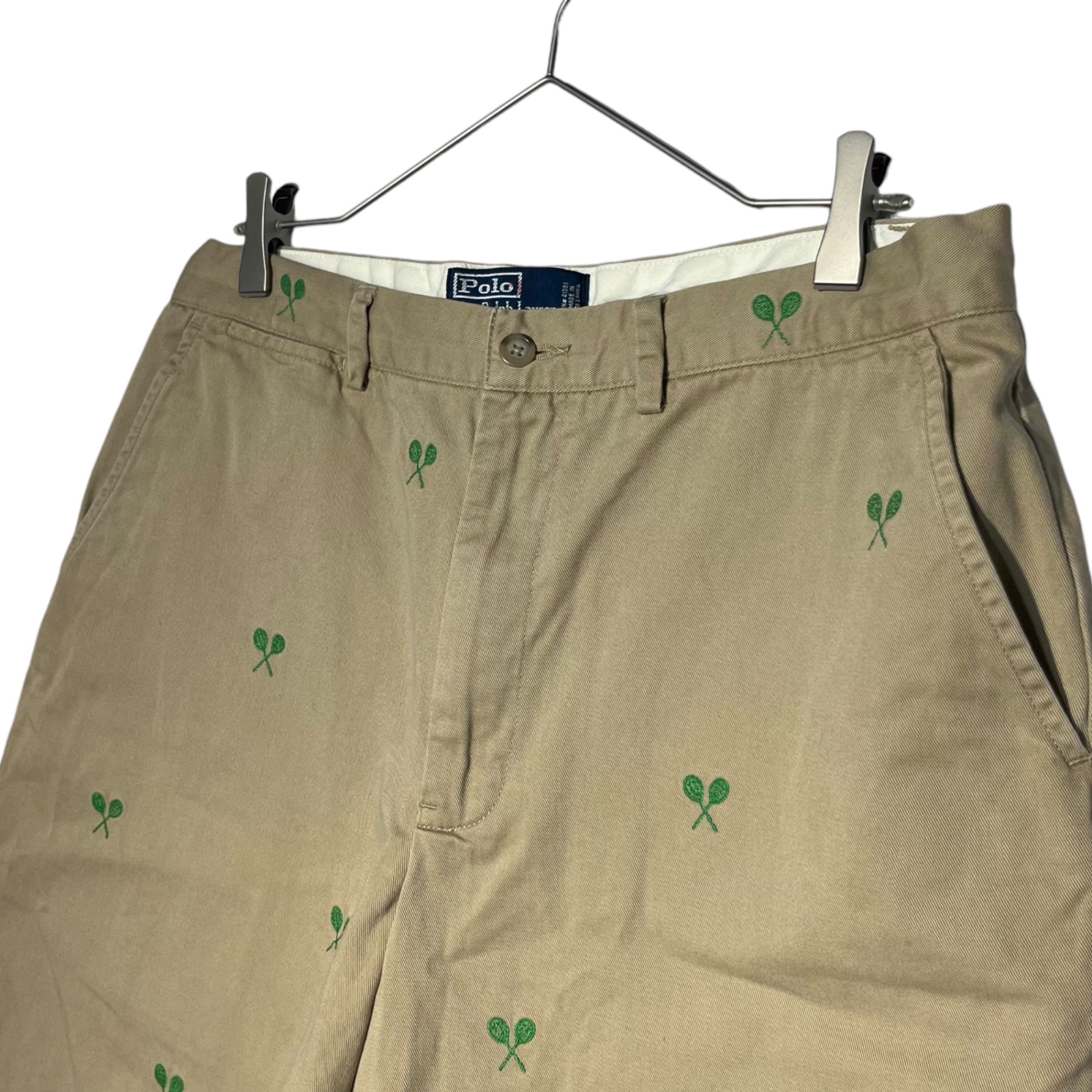 POLO RALPH LAUREN(ポロラルフローレン) Tennis racket embroidery half chino pants テニスラケット 刺繍 ハーフ チノパン 33 ベージュ×グリーン