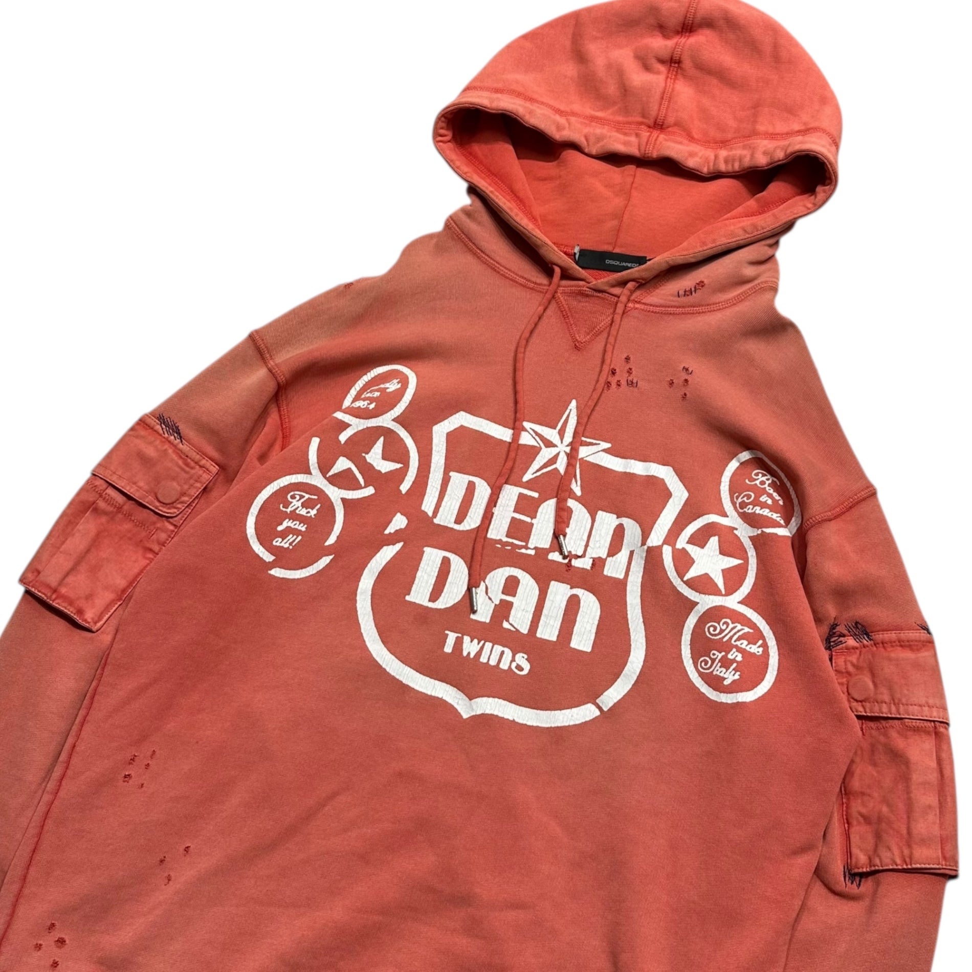 DSQUARED2(ディースクエアード) 09SS Destroy Emblem Print Cargo Pocket Hoodie デストロイ エンブレム プリント カーゴ ポケット フーディー 71 GP239 L ピンク 00's プルオーバー パーカー