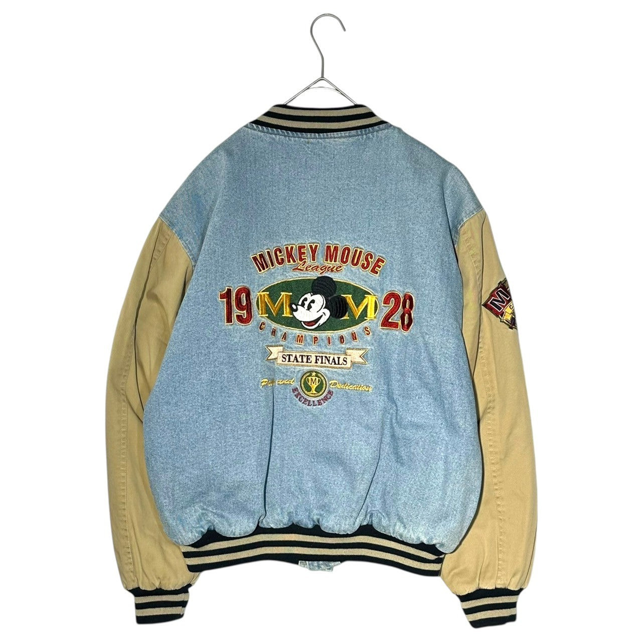 Disney(ディズニー) 90's "MICKEY MOUSE" Denim Stadium Jacket ミッキー デニム 切替 スタジャン 表記無(L程度) ライトインディゴ×カーキ 90年代 ヴィンテージ ジャケット ブルゾン 古着