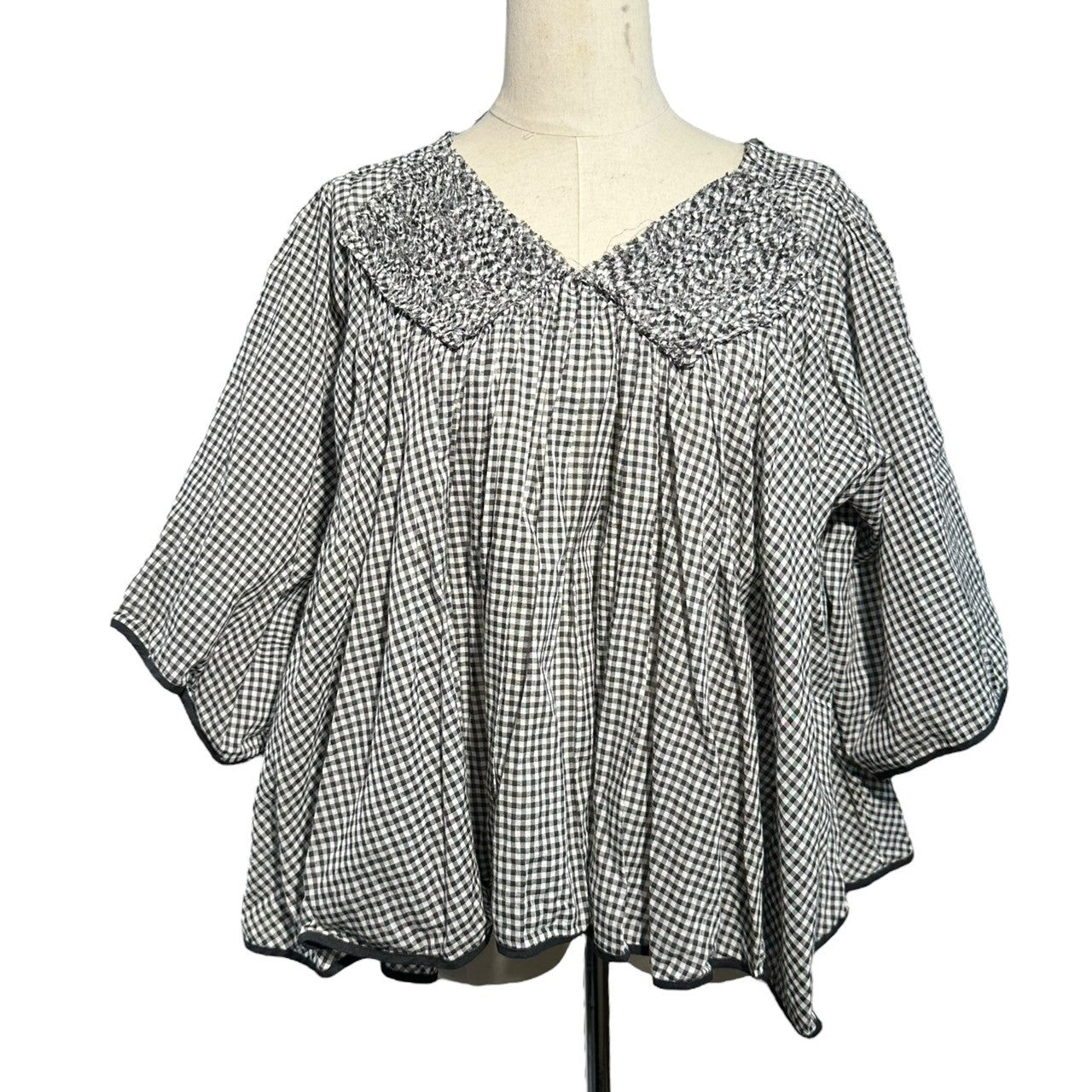 zucca(ズッカ) 09SS Ribbon Design Neck Gingham Check Wide Blouse リボン デザイン ネック ギンガム チェック ワイド ブラウス ZU91FJ183 M ホワイト×ブラック