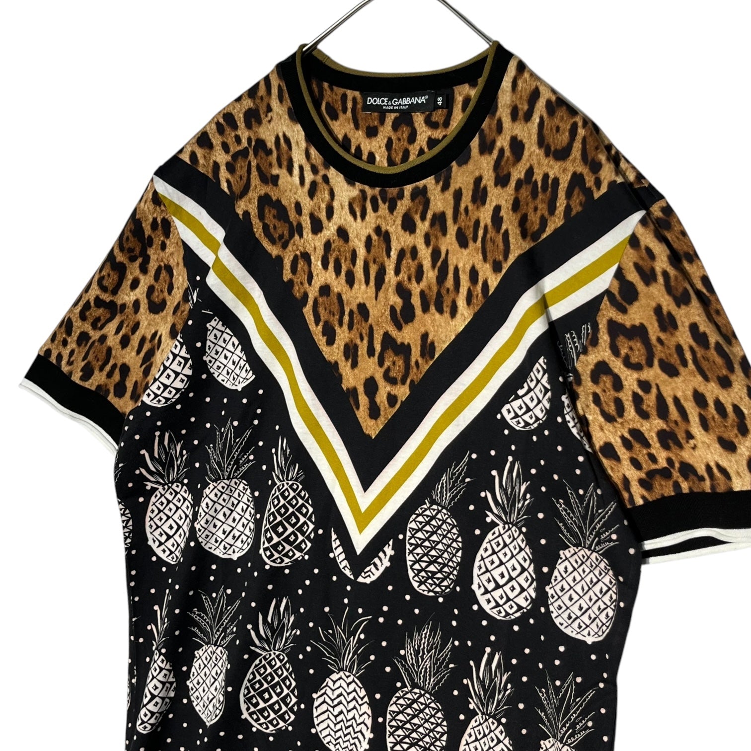 DOLCE&GABBANA(ドルチェ&ガッバーナドルガバ) Leopard and pineapple print T-shirt レオパード＆パイナップル柄 Tシャツ G8HA8T HP7EJ 48(L程度) ブラウン×ブラック