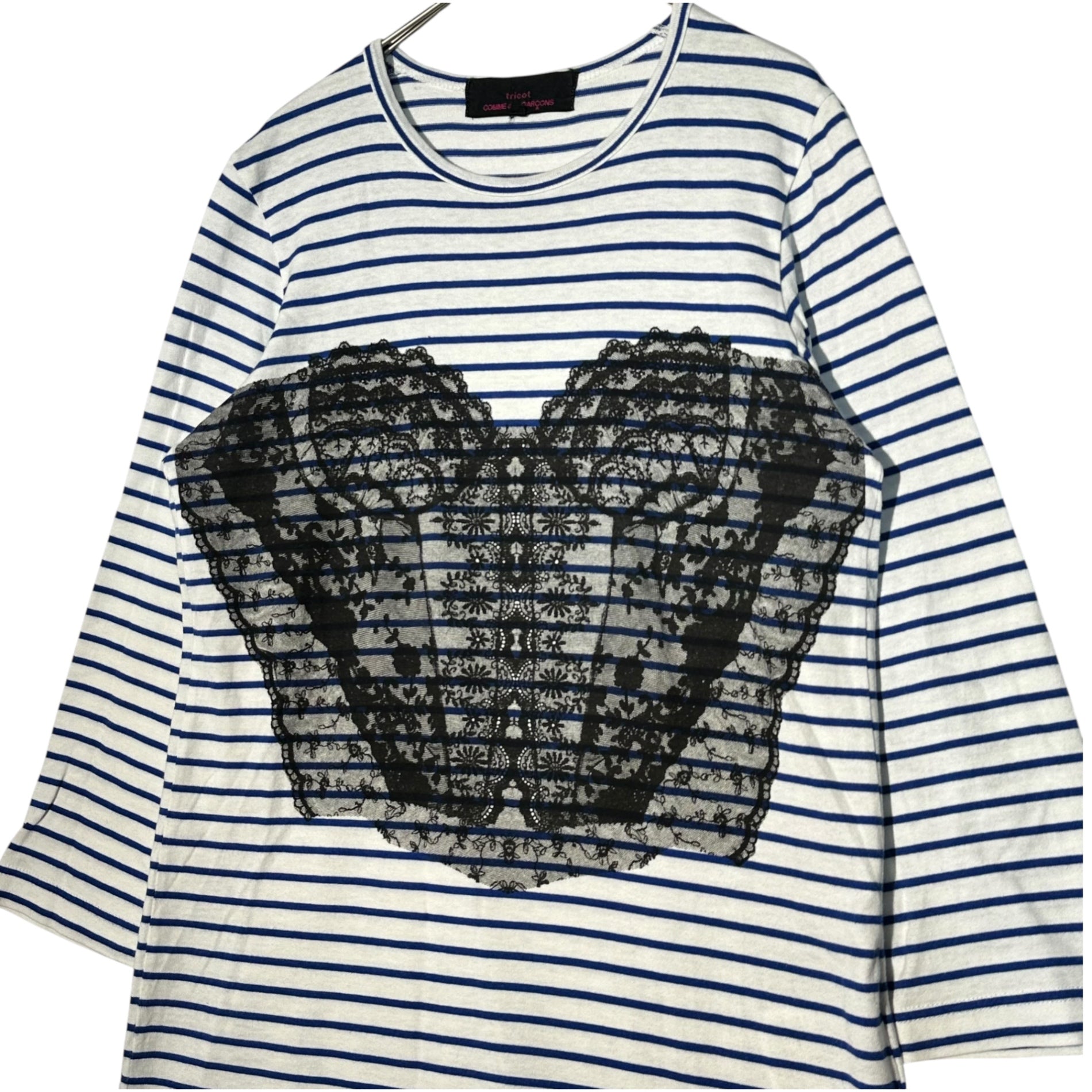 tricot COMME des GARCONS(トリココムデギャルソン) 11AW Lace Heart Print Border L/S T-Shirt レース ハート プリント ボーダー 長袖 Tシャツ TH-T213 S ホワイト×ブルー AD2011