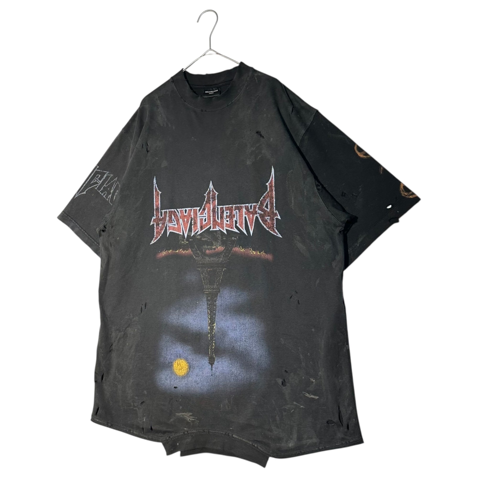 BALENCIAGA(バレンシアガ) 23SS Paris Moon Upside Down デストロイ加工 プリント オーバー サイズ Tシャツ 698811 T0VT3 2 ブラック