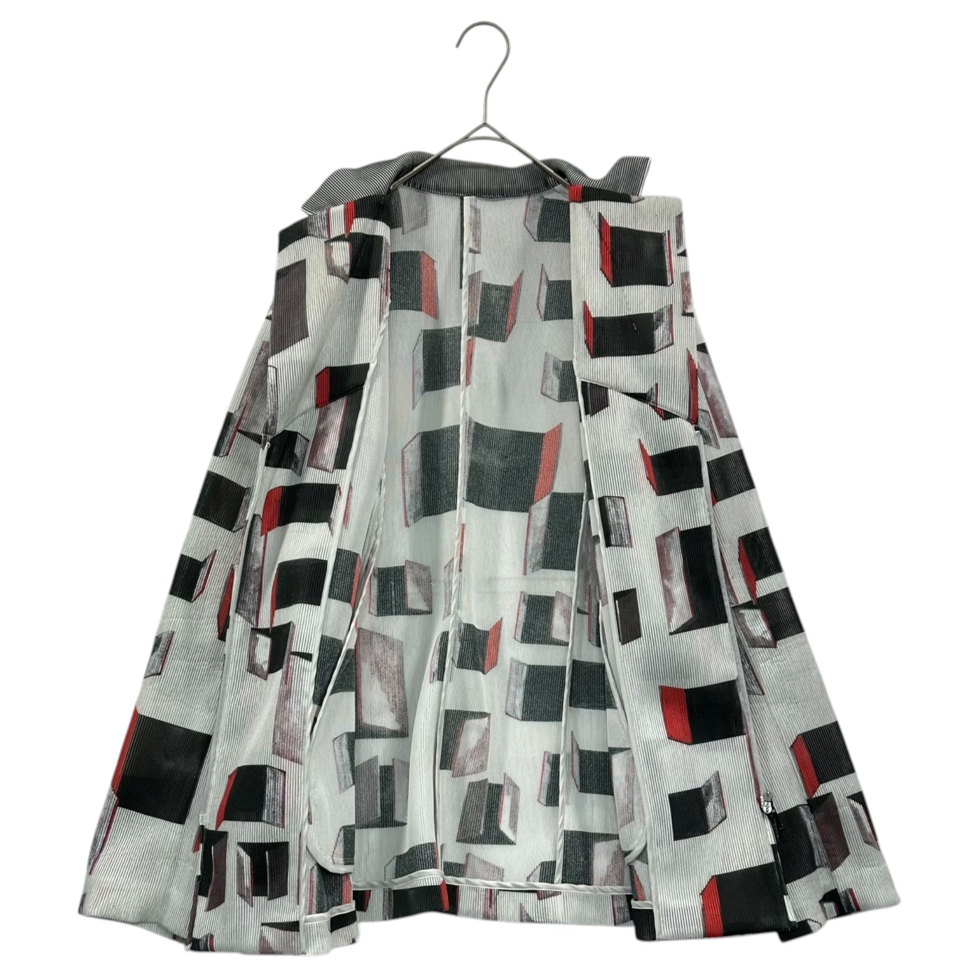 HIROKO KOSHINO TRUNK(ヒロコ コシノ トランク)  00's Geometric Pattern Pleated Zip-Up Jacket 幾何学模様 プリーツ ジップアップ ジャケット RSJEP-42470 40(L程度) グレー×ブラック×レッド OLD 2000年代