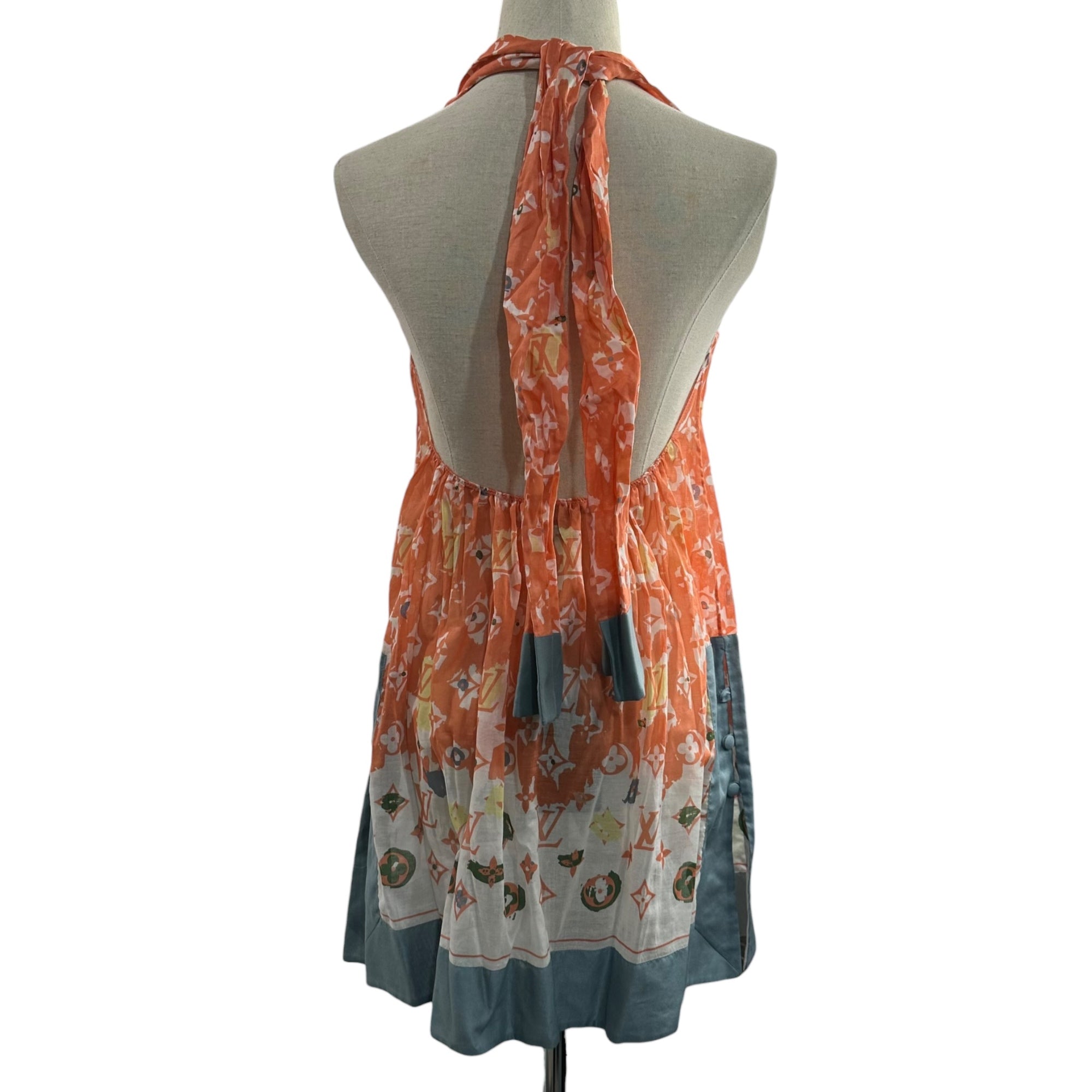 LOUIS VUITTON(ルイヴィトン) Halter-Neck Monogram Mini Dress ホルターネック モノグラム ミニ ワンピース RW101W WQDR04BHA 34 オレンジ×スカイブルー×ホワイト ノースリーブ ドレス