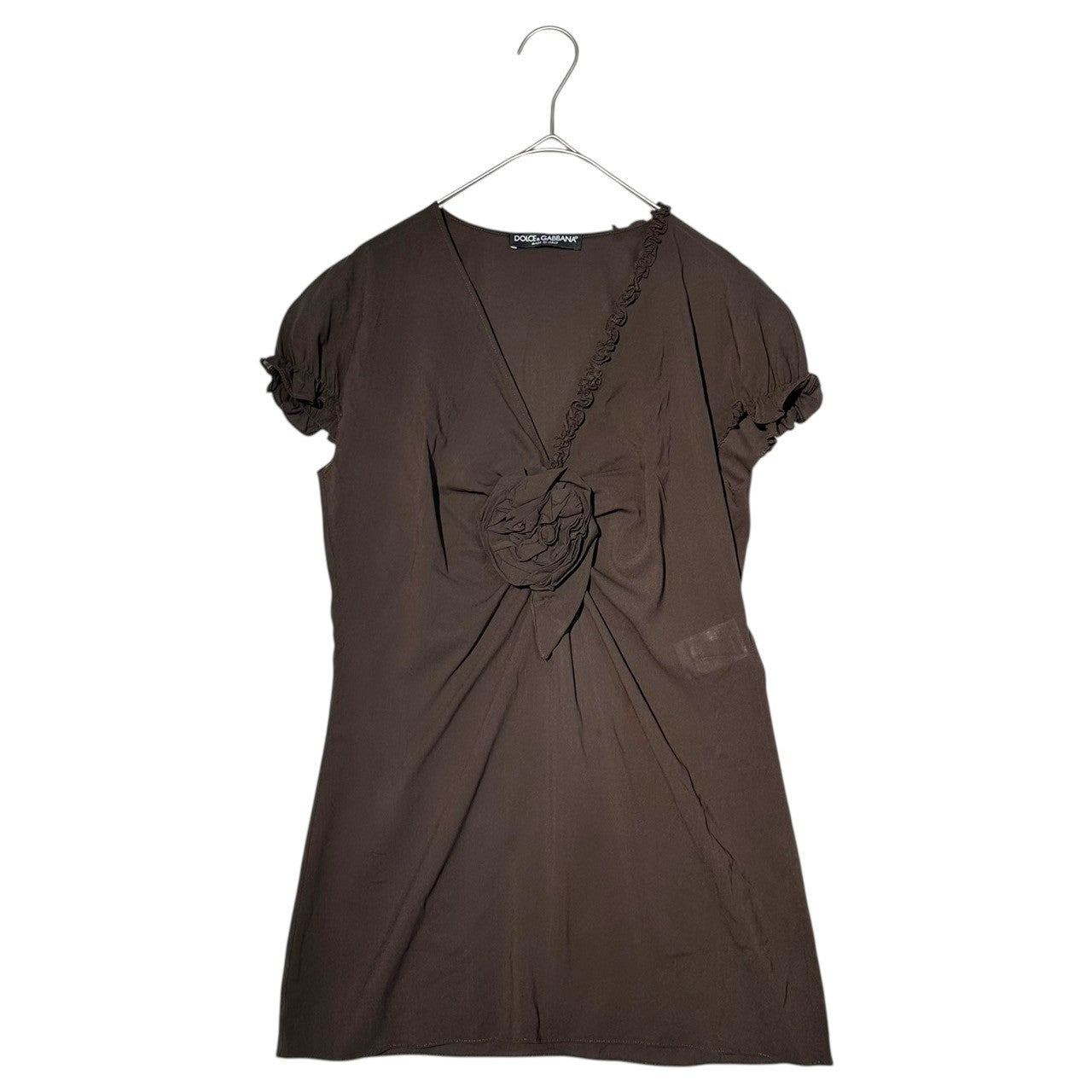 D&G(ディー&ジードルガバドルチェ&ガッバーナ) 02AW Flower Motif V-Neck Silk Short-Sleeved Blouse フラワーモチーフ Vネック シルク 半袖 ブラウス ETO2R UAAG 38(M) ブラウン