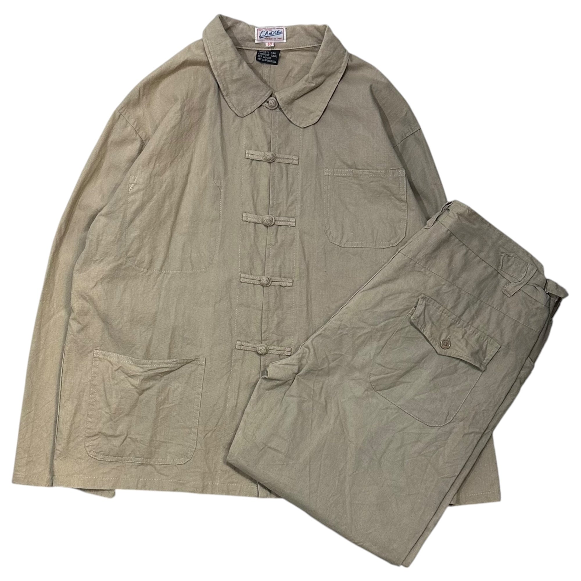 L'Anti Cher(ランチシェール) French linen Chinese shirt ＆ Pants フレンチ リネン チャイナ シャツ ジャケット ＆ パンツ セットアップ 60(XL程度) ベージュ フレンチ ワーク 上下セット