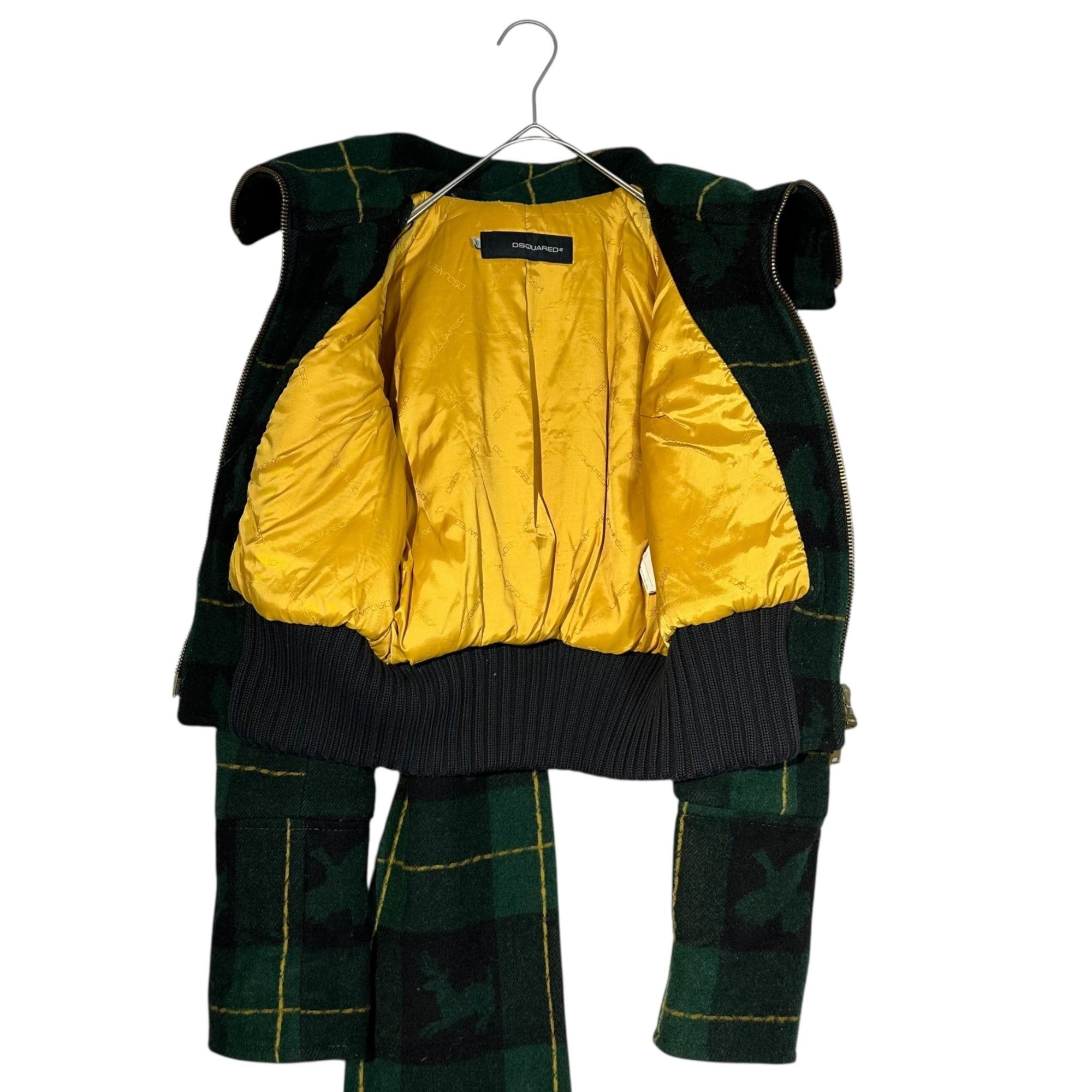DSQUARED2(ディースクエアード) Wide ribbed short length check blouson with detachable wool scarf 取り外し可能 ウール マフラー 付属 ワイド リブ ショート丈 チェック ブルゾン 72 K026 40(L) グリーン