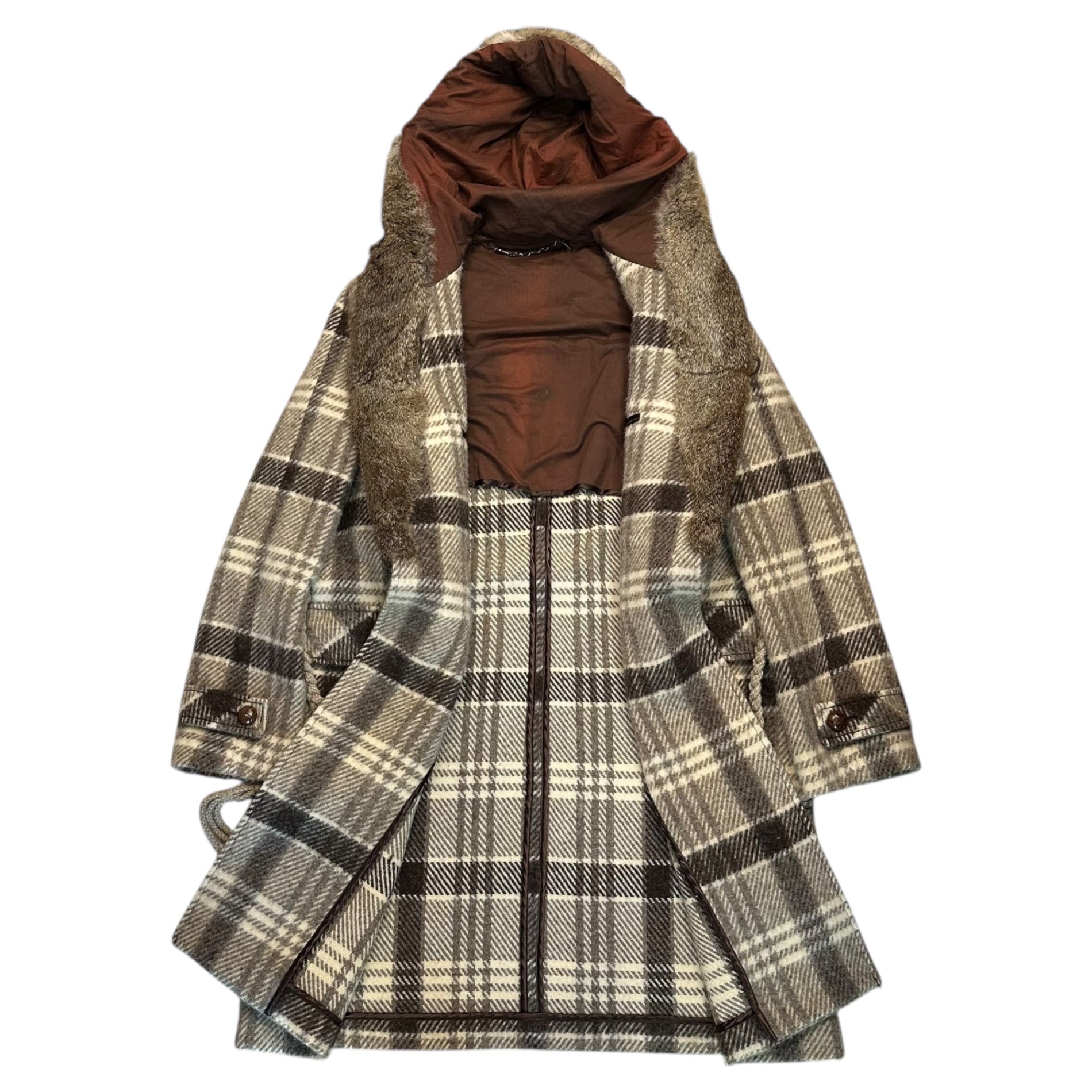 NUMBER (N)INE(ナンバーナイン) 02AW George Period Rabbit Fur Decorated Belted Hooded Check Gown Coat ジョージ期 ラビットファー ベルテッド フーデッド チェック ガウン コート 3(M) ベージュ 2002年 archives collection 稀少品 ヴィンテージ 宮下貴裕 本人期