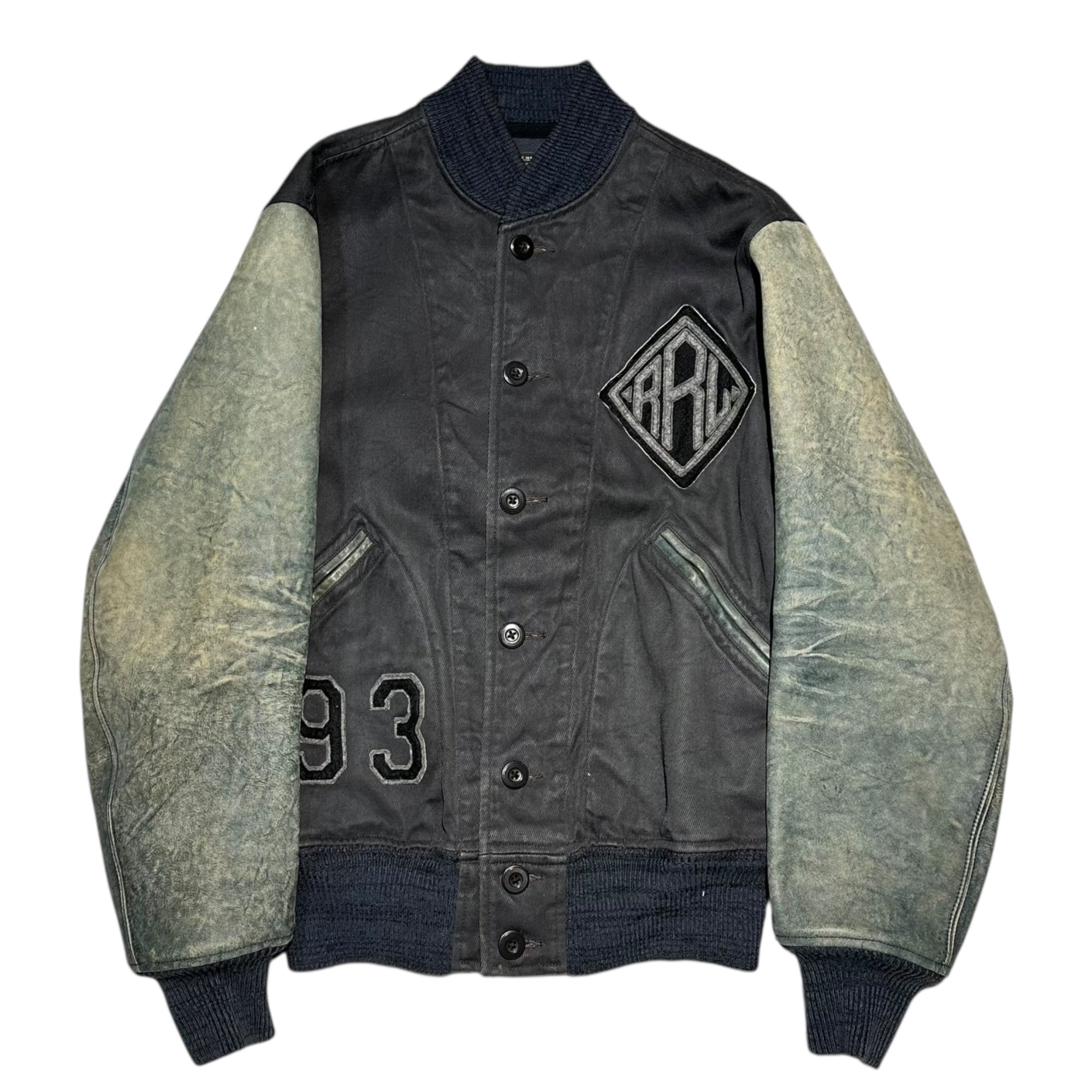 RRL(ダブルアールエル) Vintage-Processed Indigo Leather Sleeve Varsity Jacket ヴィンテージ加工 インディゴ レザースリーブ バーシティ ジャケット  S ブラック×インディゴ