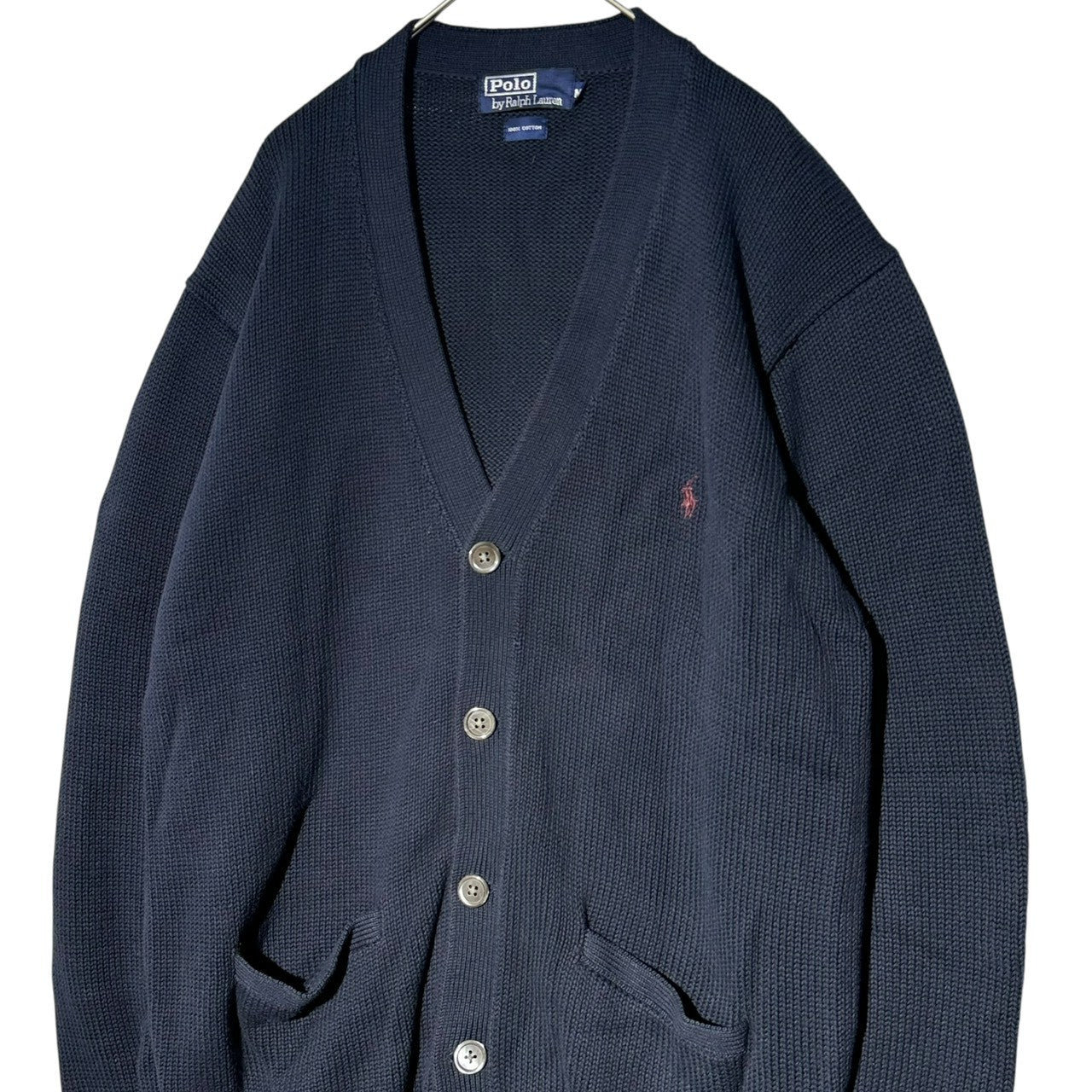 POLO RALPH LAUREN(ポロラルフローレン) 90's~00's Pony Embroidered Cotton V-Neck Knit Cardigan ポニー 刺繍 コットン Vネック ニット カーディガン M ネイビー インパクト21