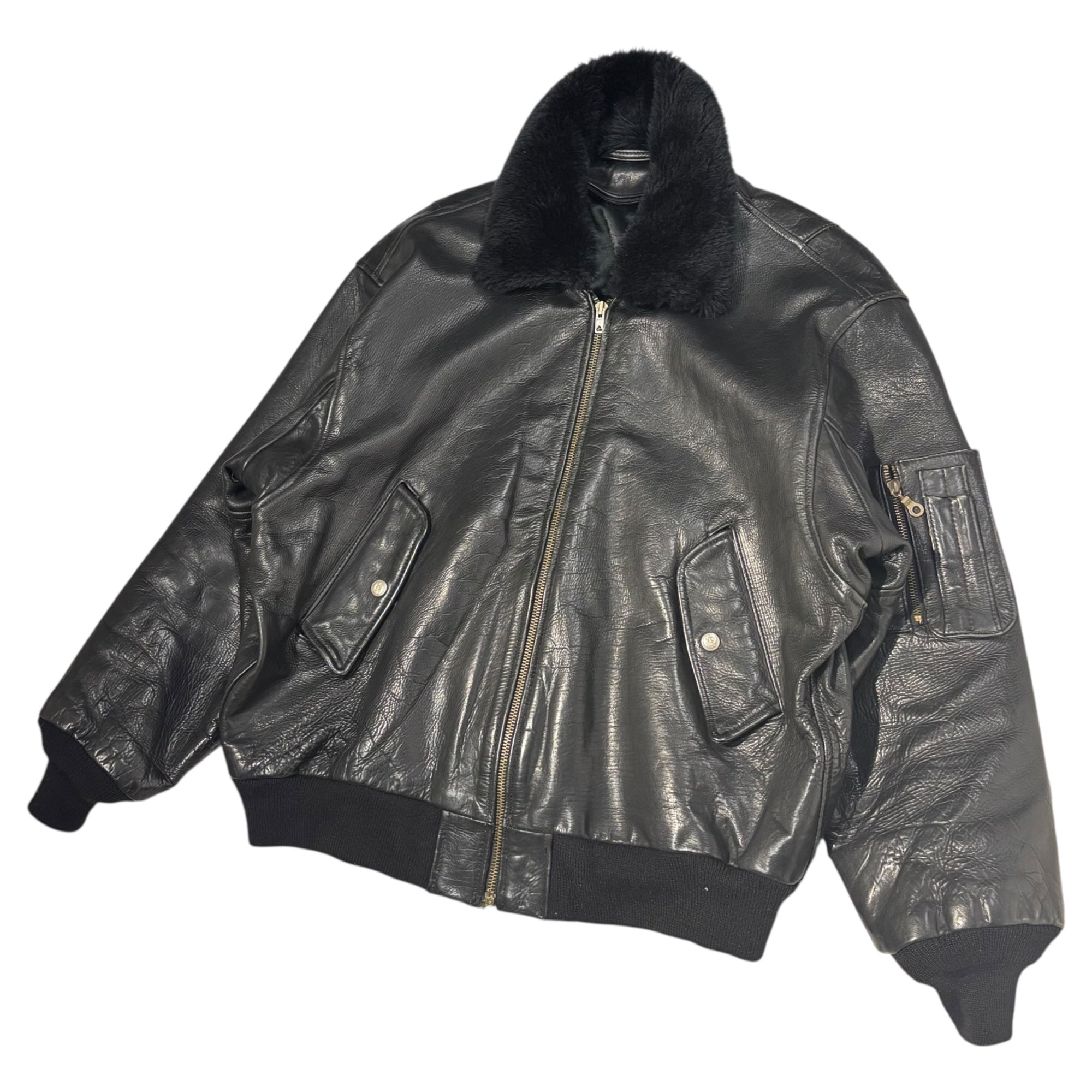 FRENCH MILITARY(フランス軍) japa Collar Boa Pilot Leather Jacket 襟 ボア パイロット レザー ジャケット XL程度 ブラック フライト