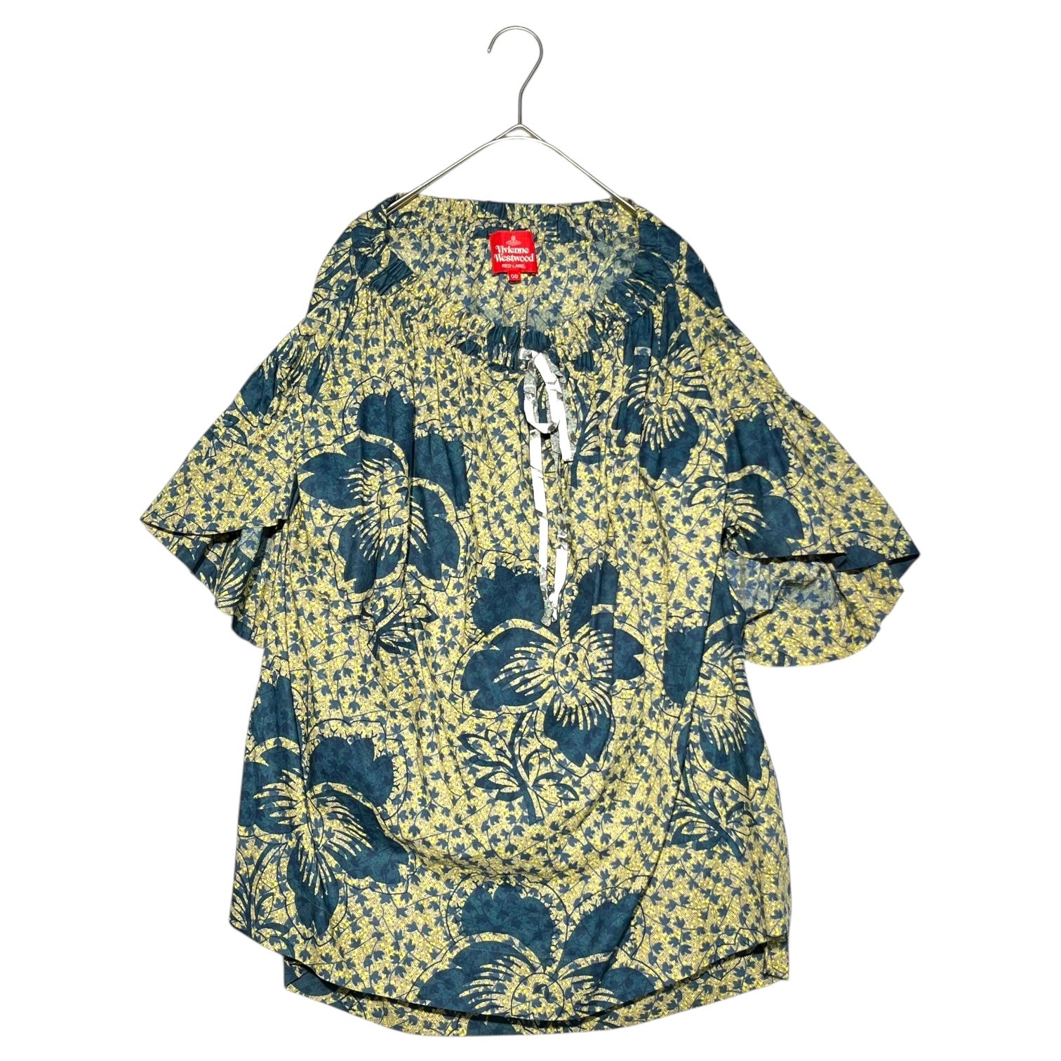 Vivienne Westwood RED LABEL(ヴィヴィアンウエストウッドレッドレーベル) Front ribbon allover pattern short sleeve blouse フロントリボン 総柄 半袖 ブラウス 16-12-801021 00 イエロー×ブルー