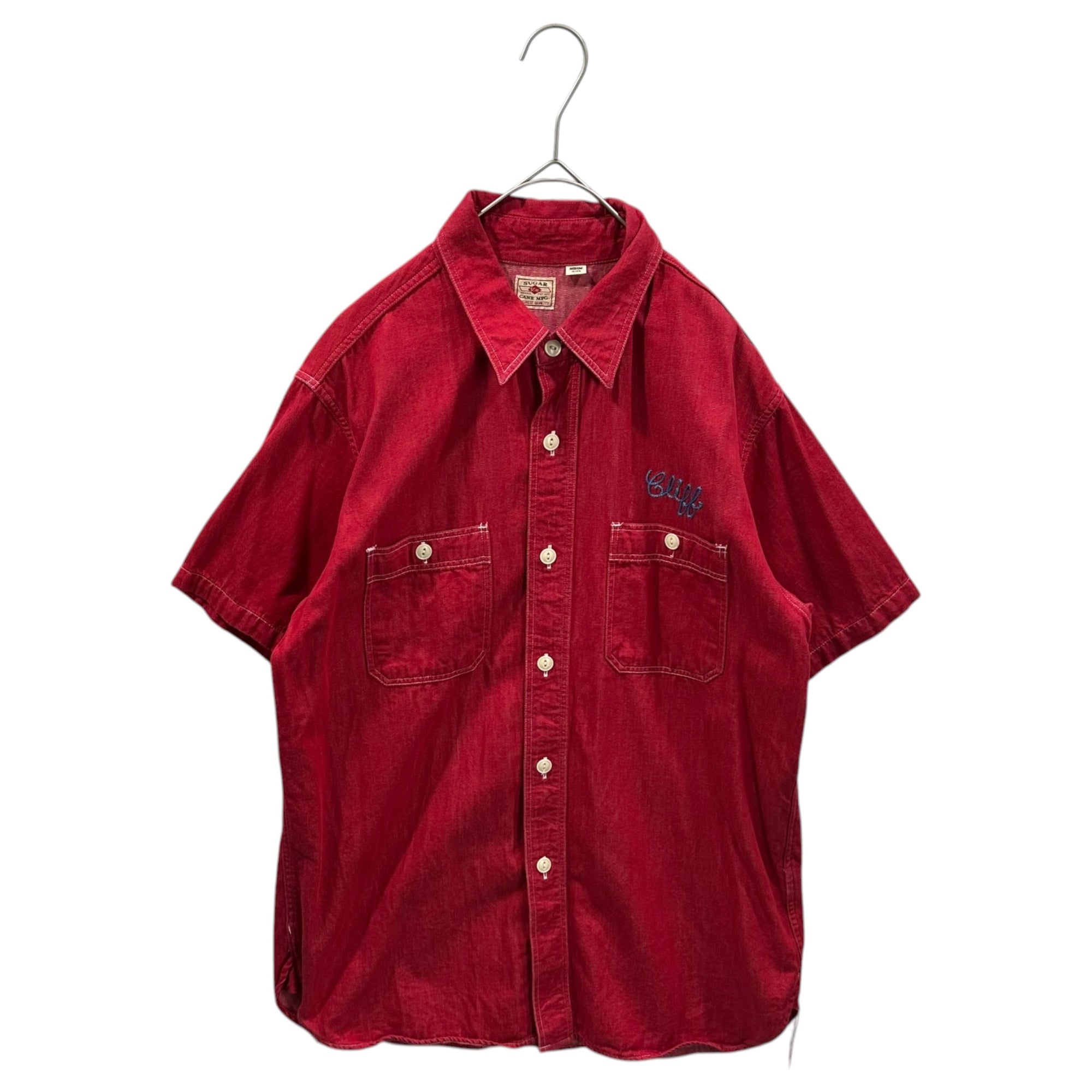 SUGA CANE(シュガーケイン) COLOR DENIM W/EMB’D ロゴ レーヨン 刺繡 半袖 シャツ M レッド