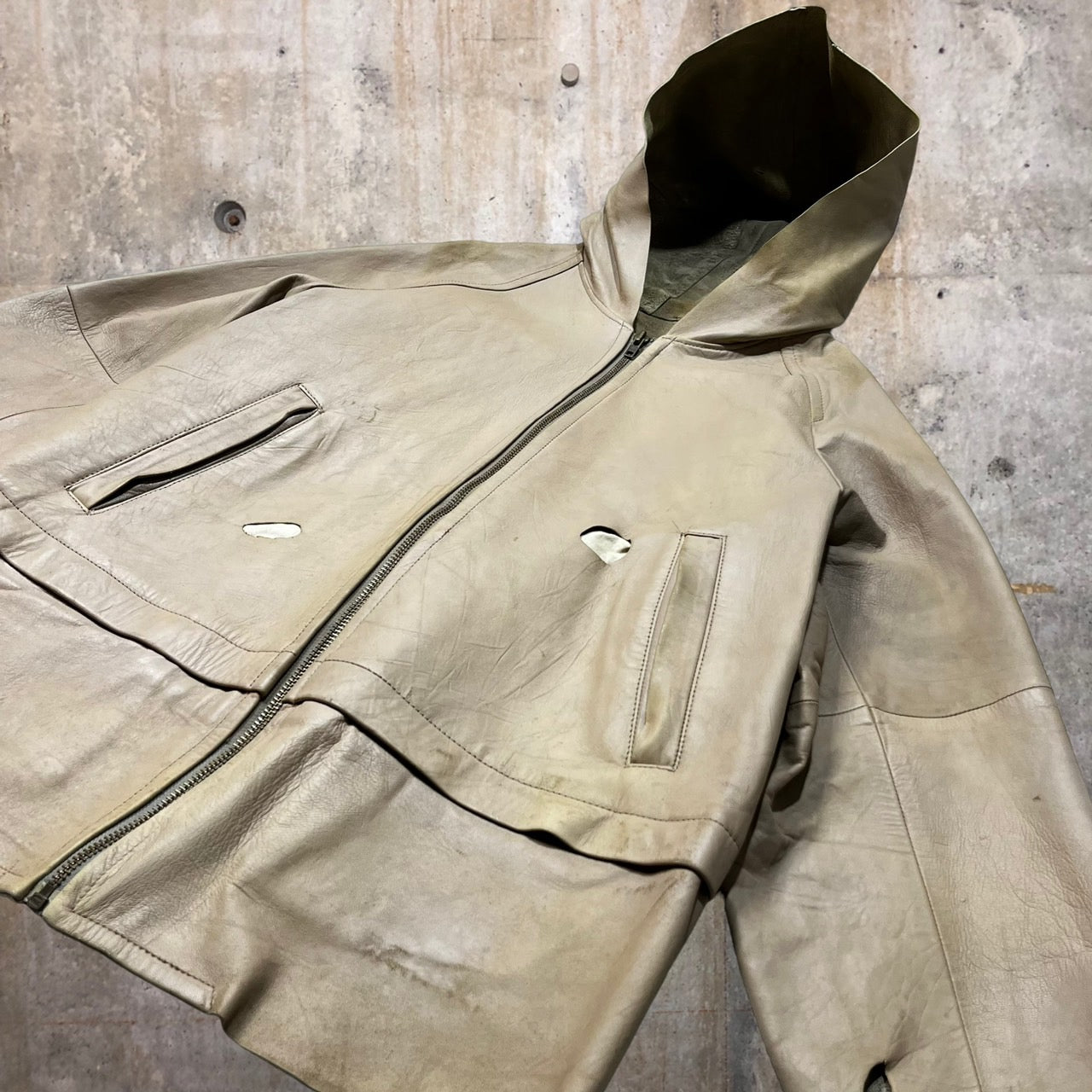 COMME des GARCONS HOMME(コムデギャルソンオム)  98AW distressed lamb leather parka/ダメージ加工ラムレザーパーカー/フーディ/田中啓一/ヴィンテージ/90年代 IJ-040730 SIZE M ベージュ AD1998 田中オム