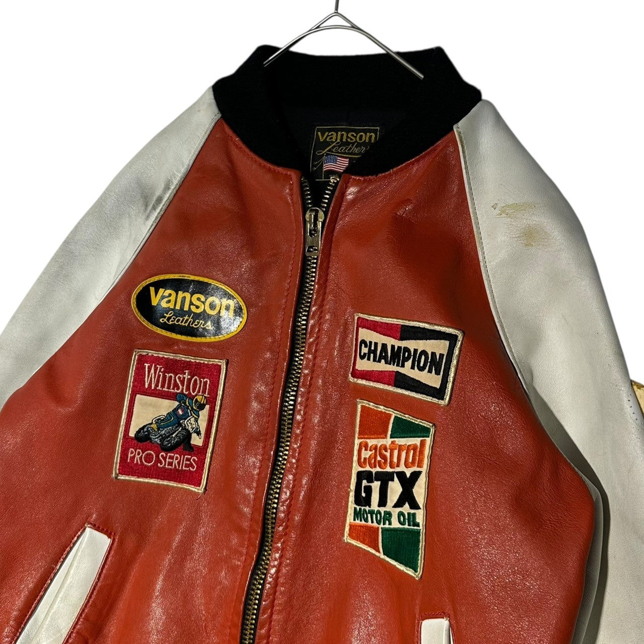 VANSON(バンソン) USA made Old Racing Leather Jacket オールド レーシング レザー ジャケット 38(M程度) レッド×ホワイト ブルゾン ワッペン CHAMPION Winston GTX