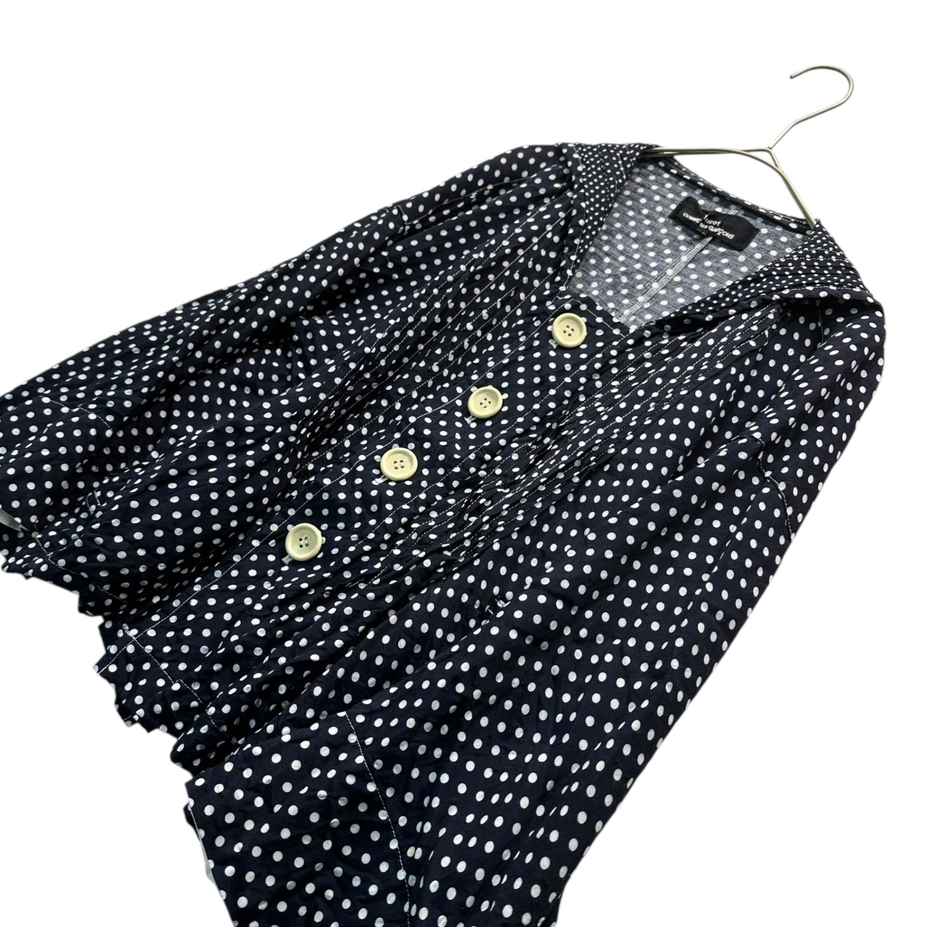 tricot COMME des GARCONS(トリココムデギャルソン) 11SS Rayon Cupro Blend Dot Pattern Large Button Blouse レーヨン キュプラ 切替 ドット デカボタン ブラウス TG-J005 M ネイビー×ホワイト AD2010