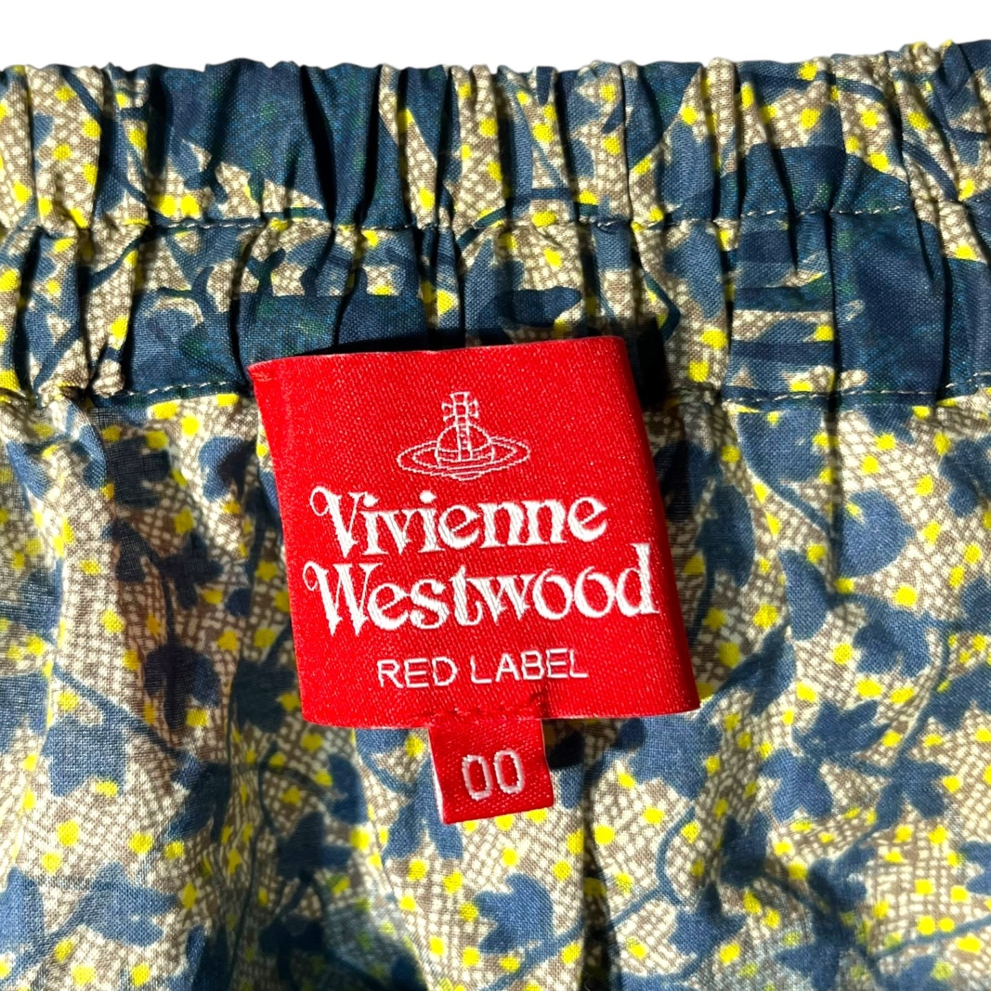 Vivienne Westwood RED LABEL(ヴィヴィアンウエストウッドレッドレーベル) Front ribbon allover pattern short sleeve blouse フロントリボン 総柄 半袖 ブラウス 16-12-801021 00 イエロー×ブルー