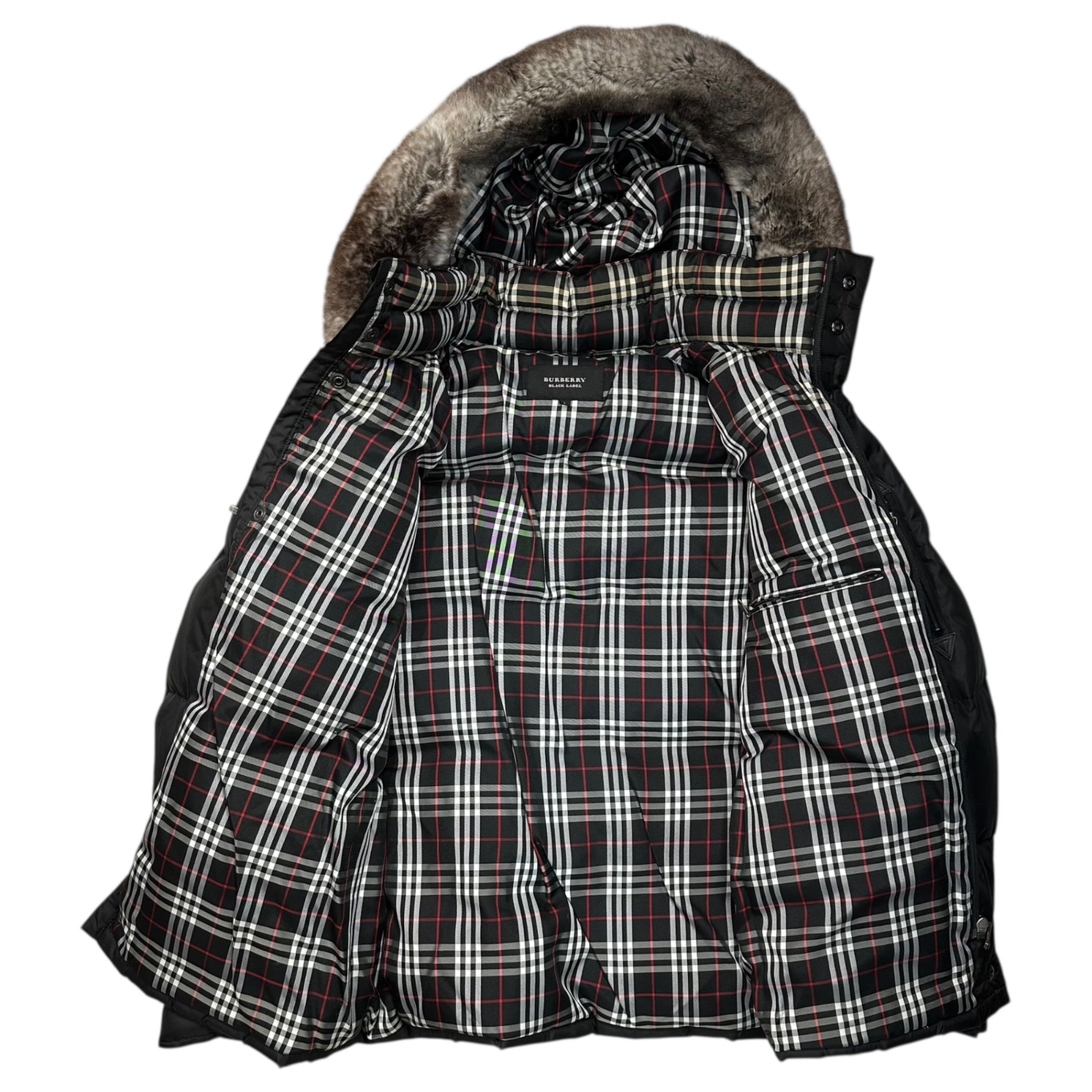 BURBERRY BLACK LABEL(バーバリーブラックレーベル) Burberry Check Lined Rabbit Fur Down Jacket バーバリーチェック ライニング ラビットファー ダウン ジャケット BMP04-904-09 L ブラック