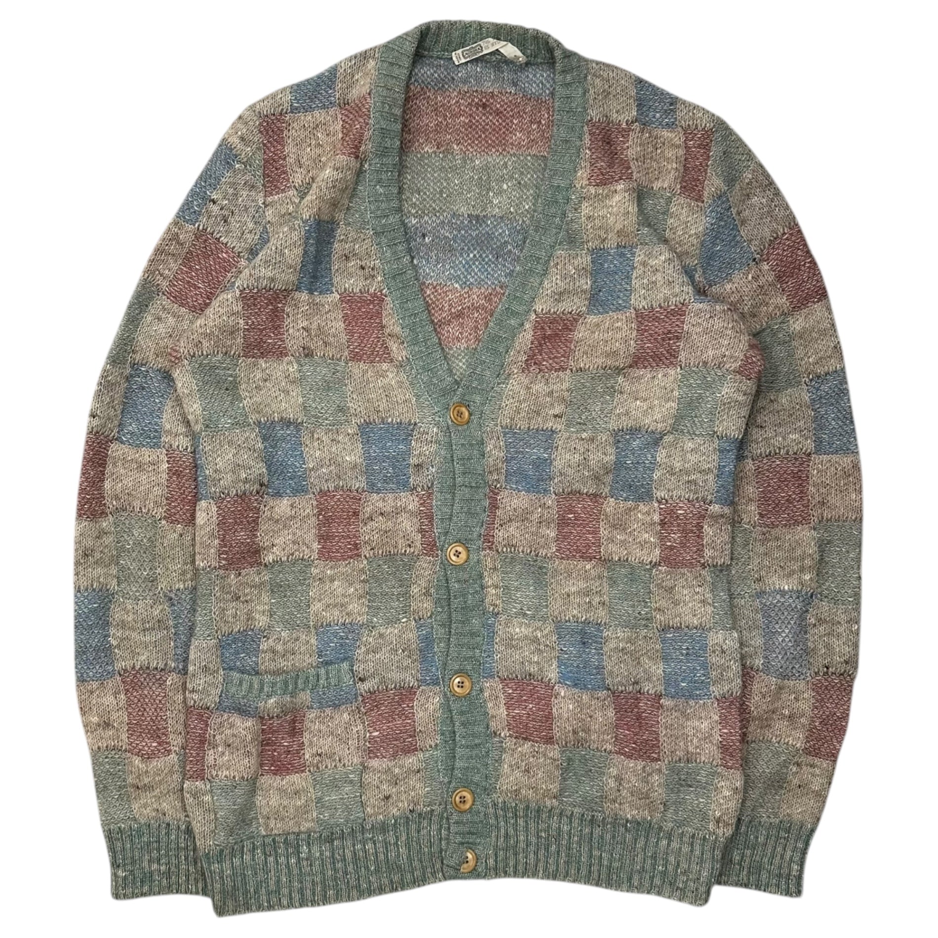 VINTAGE(ヴィンテージ) 70~80's Mohair-Blend Checked Wool Cardigan 70~80年代 モヘア混 チェック ウール カーディガン 表記無(L程度) ブルー×ベージュ×レッド ヴィンテージ モヘア 24% モヘヤ
