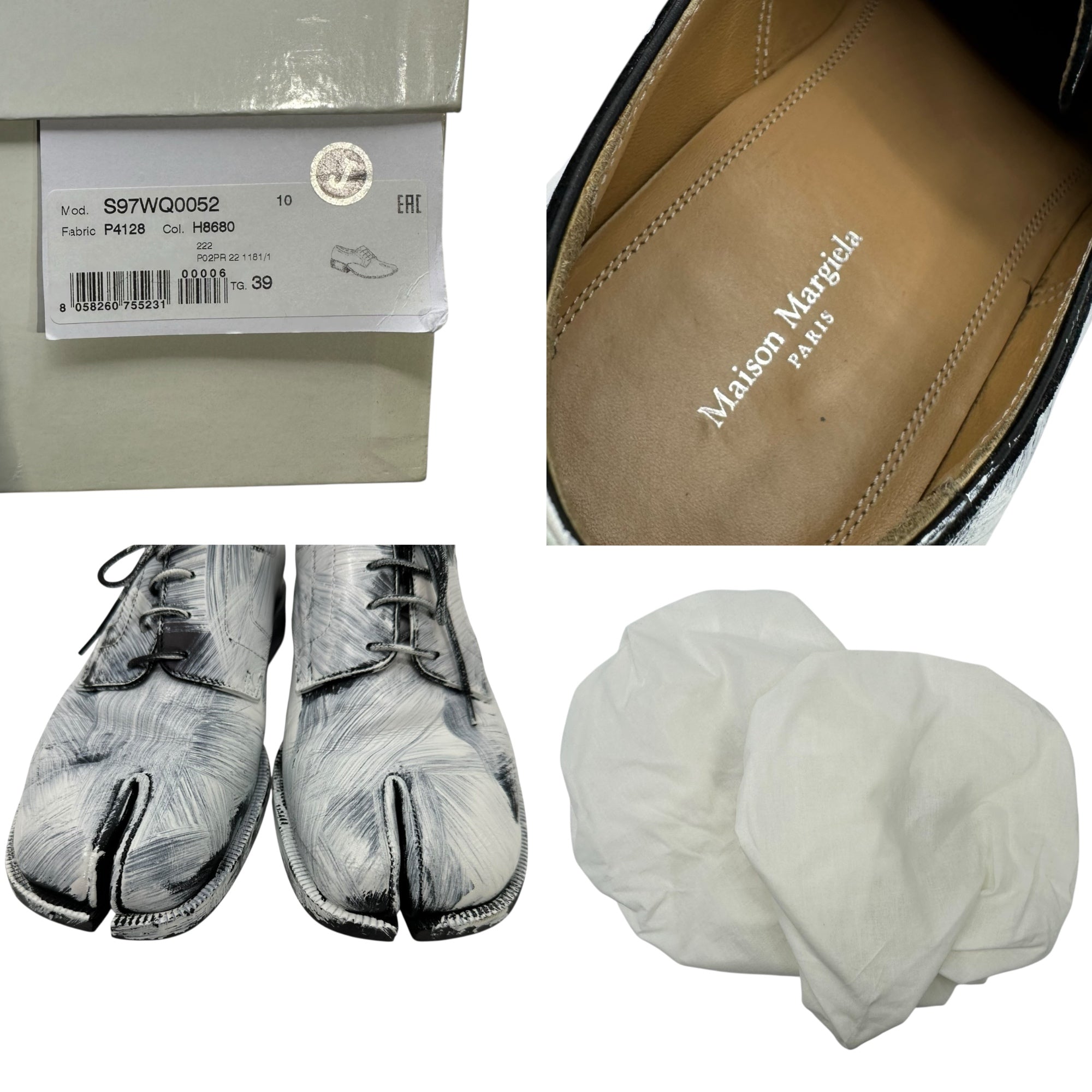 MAISON MARGIELA(メゾンマルジェラ) Bianchetto TABI Lace-up Shoes ペンキ加工 タビ レースアップ レザー シューズ S97WQ0052 39(24.5~25.0cm程度) ホワイト×ブラック カーフスキン 革靴
