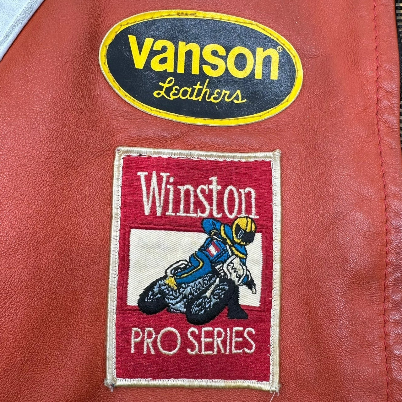 VANSON(バンソン) USA made Old Racing Leather Jacket オールド レーシング レザー ジャケット 38(M程度) レッド×ホワイト ブルゾン ワッペン CHAMPION Winston GTX