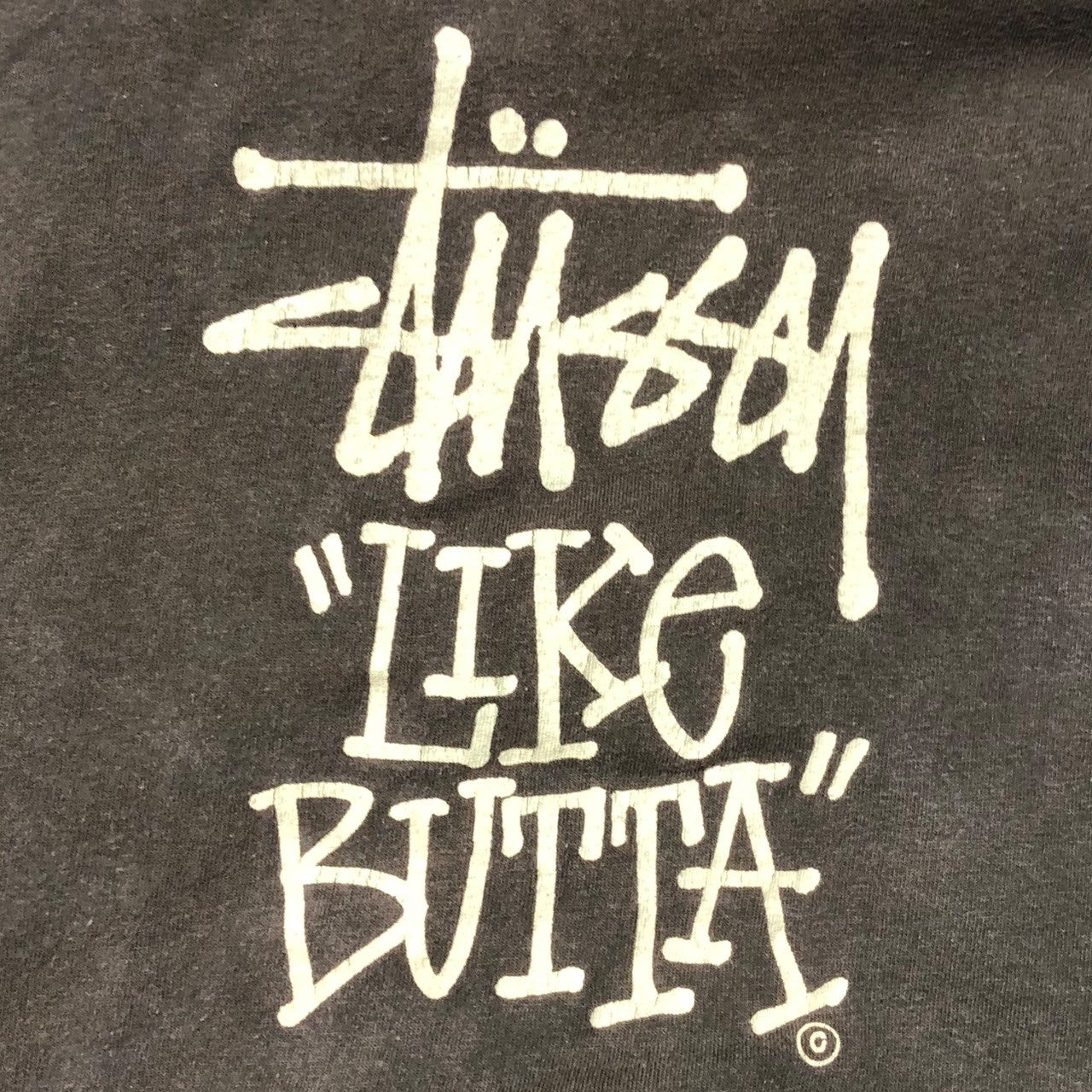 STUSSY(ステューシー) 80's VINTAGE LIKE BUTTA プリント フーデッド Tシャツ 黒タグ SIZE L ブラウン 80年代 黒タグ OLD STUSSY