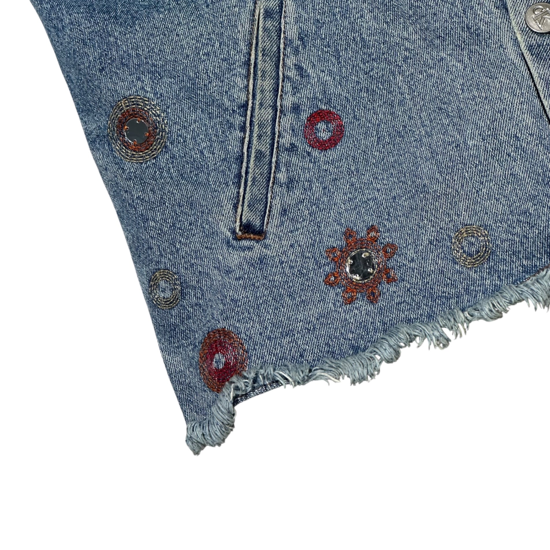 Calvin Klein Jeans(カルバンクラインジーンズ) 90~00's Flower Stitch Remake Raw-Edge Denim Jacket 花 ステッチ リメイク 切りっ放し デニム ジャケット ライトインディゴ