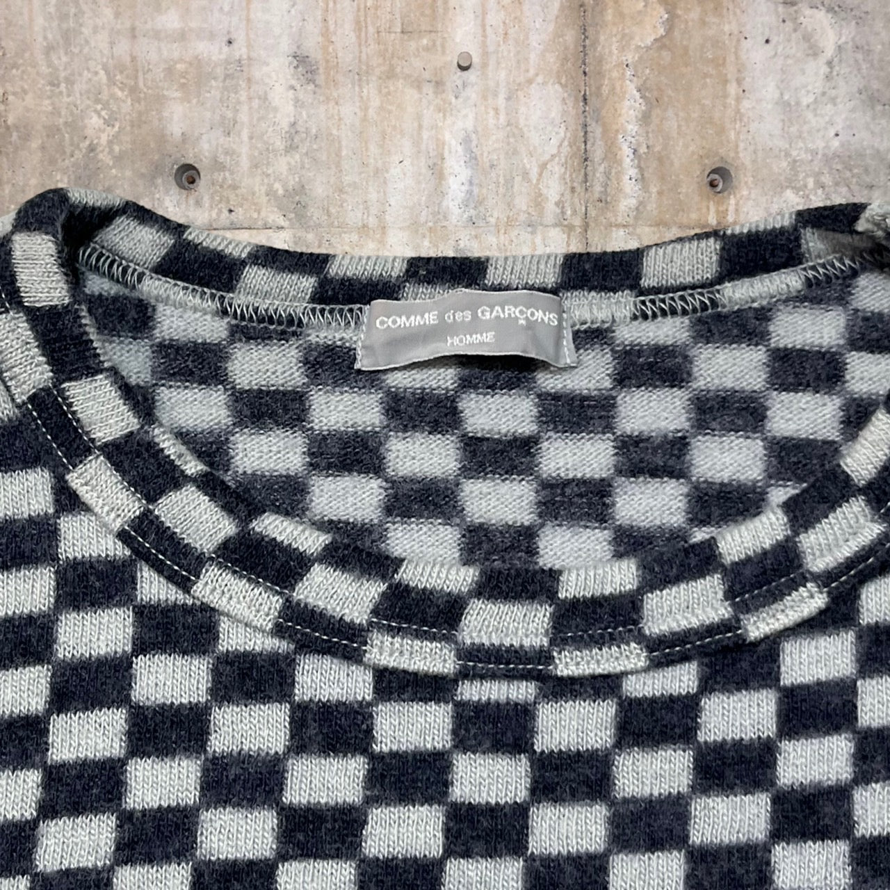 COMME des GARCONS HOMME(コムデギャルソンオム) 01AW Checkered flag wool knit pullover/チェッカーフラッグウールニットプルオーバー HC-T026 SIZE FREE グレー×ブラック AD2001 田中オム