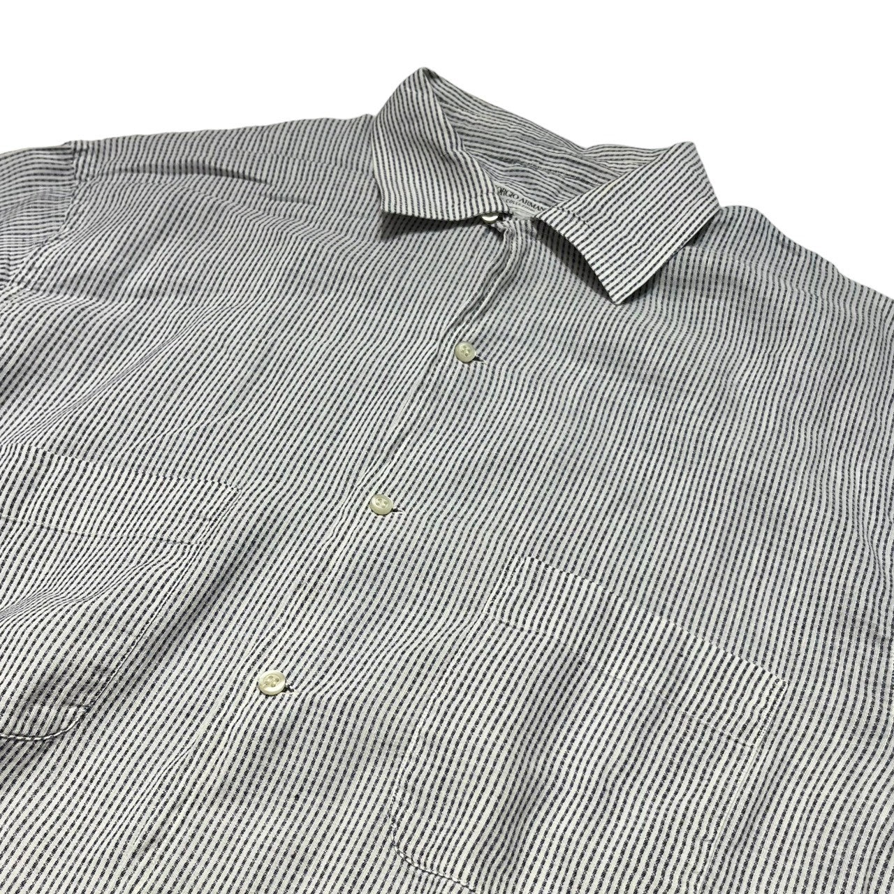 GIORGIO ARMANI(ジョルジオアルマーニ) 90's Open collar S/S stralipe shirt オープンカラー 半袖 ストライプ シャツ M ホワイト×ブルー 90年代 開襟