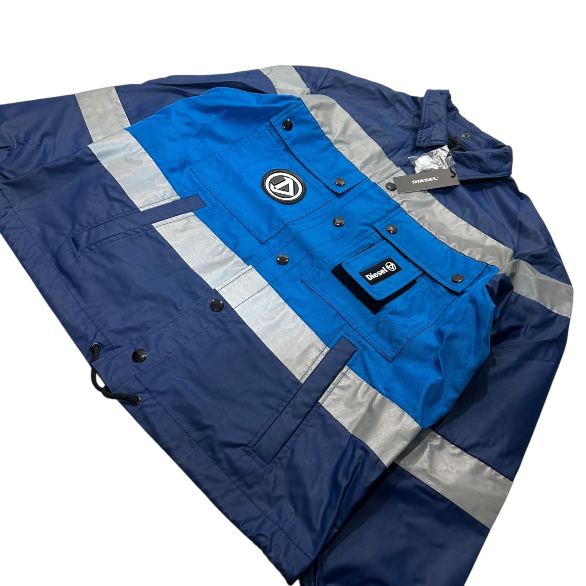 DIESEL(ディーゼル) J-RODDY JACKET リフレクティブ 切替 オーバーサイズ フーデッド ジャケット A02128 S ネイビー×ブルー J-RODDY JACKET