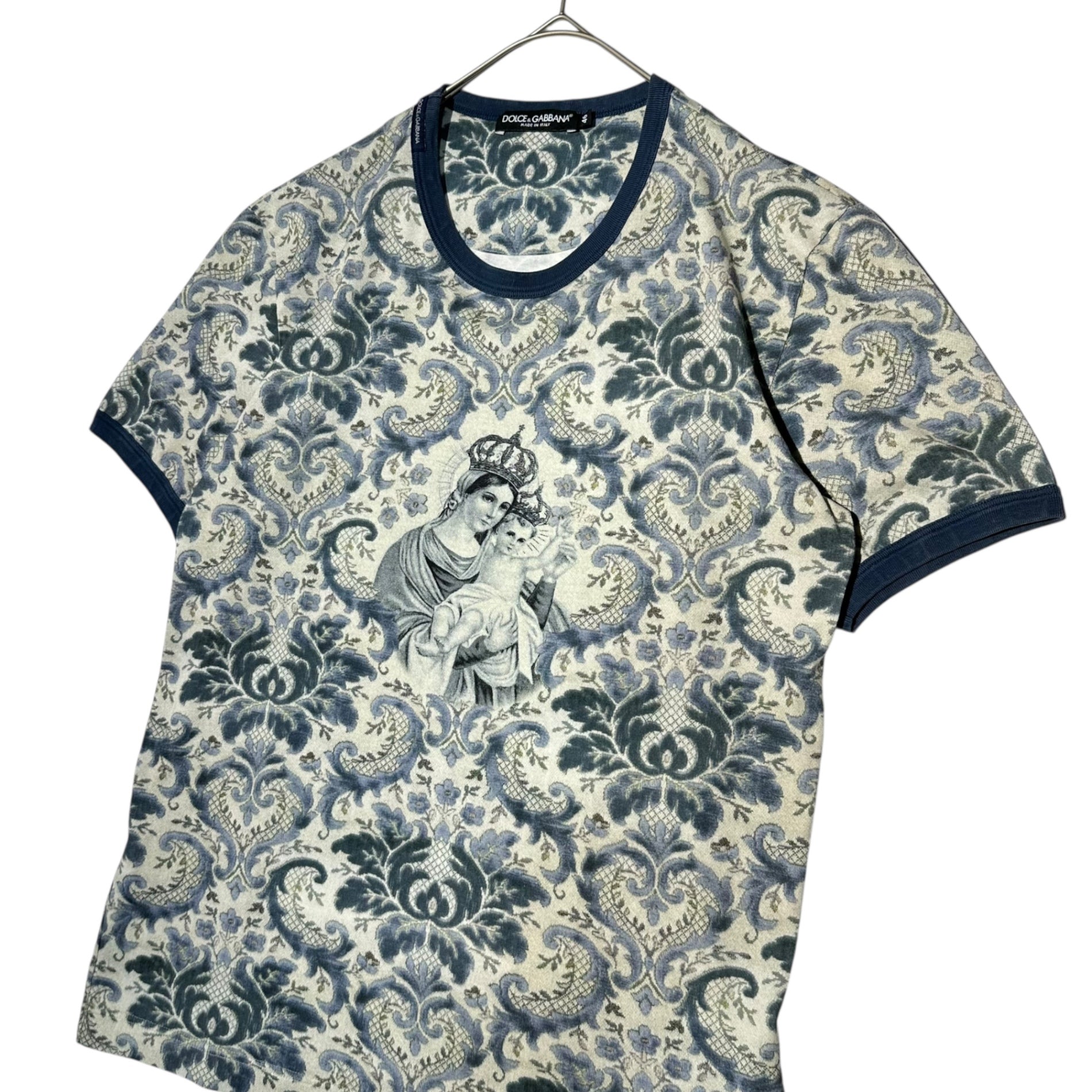DOLCE&GABBANA(ドルチェ&ガッバーナドルガバ) ”Virgin Mary” All-over print T-shirt 聖母マリア 総柄 Tシャツ G8FL6T G7DXW 46(S程度) ホワイト×ネイビー